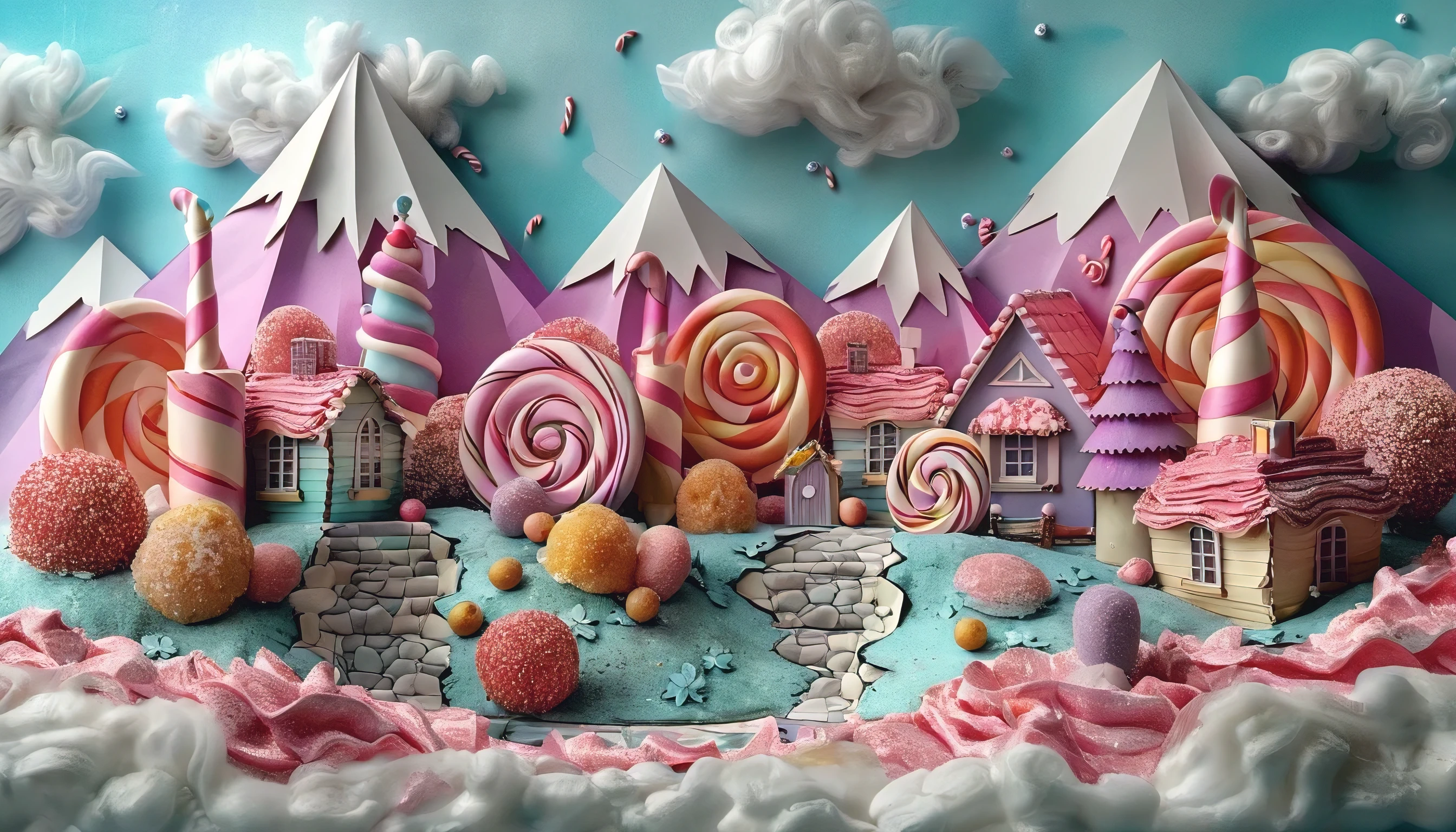 (best quality,4k,8k,highres,masterpiece:1.2), A whimsical candy land with sweet treats and fantastical elements. Stylish in the style of 3D decoupage paper craft art, vibrant