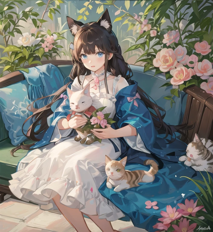 (top-quality、Masterpiece 1.２)、A stunning、（（Cute Cat 1.5））、Floral dress、pinafore、foods、Warm smile、Hourglass diagram、Floral dress、pinafore、foods、