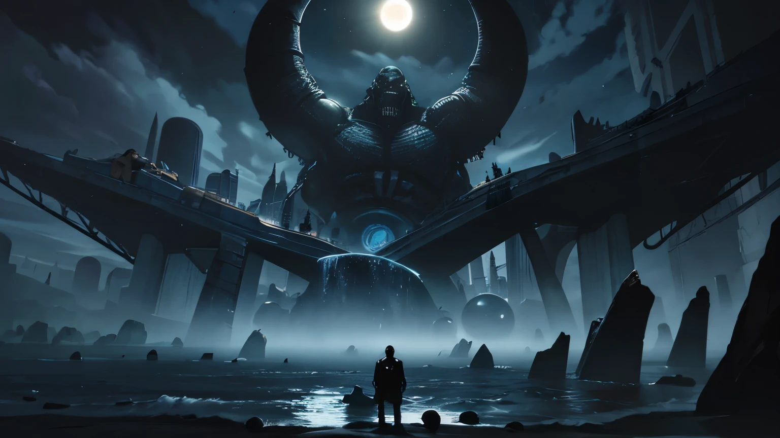 Imagen arafeada de un hombre parado en el agua con una mano gigante en el fondo., Arte oscuro surrealista, Sol negro, con soles negros en el cielo, dramatic work of art, Arte surrealista oscuro, eclipse, Eclipse eterno, Arte oscuro altamente detallado, enorme y gigantesco sol negro, art album, por Kristian Kreković, Sol oscuro, a sinister fantasy illustration
