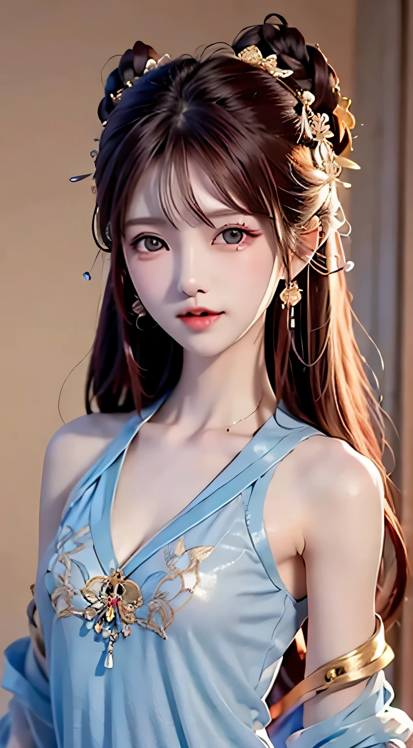 Miss, small breasts,Chiffon clothes,The areola and nipple are faintly exposed, redhead, blue eyes, transparent sweater, small chin
