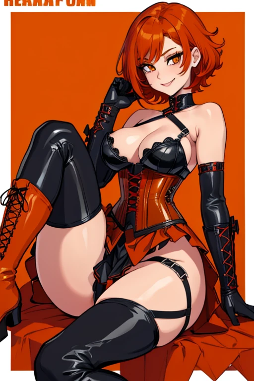 female, red short hair with yellow highlights, orange eyes, (((1girl))), (((orange corset with red trim))), (black gloves), (black lace up boots), (black belt), (white stockings), (black skirt), cute and sexy, large breasts, large butt, full body, long legs, smiling