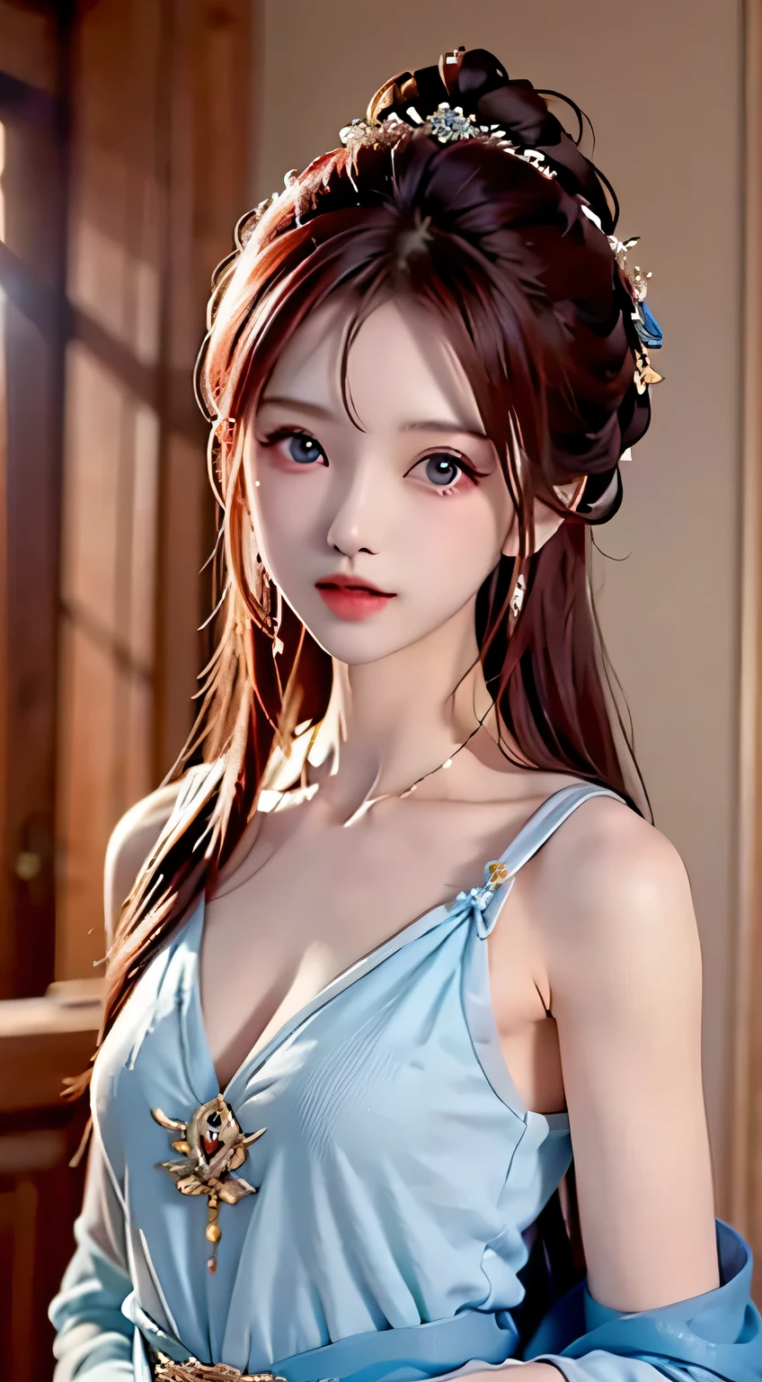 Miss, small breasts,Chiffon clothes,The areola and nipple are faintly exposed, redhead, blue eyes, transparent sweater, small chin