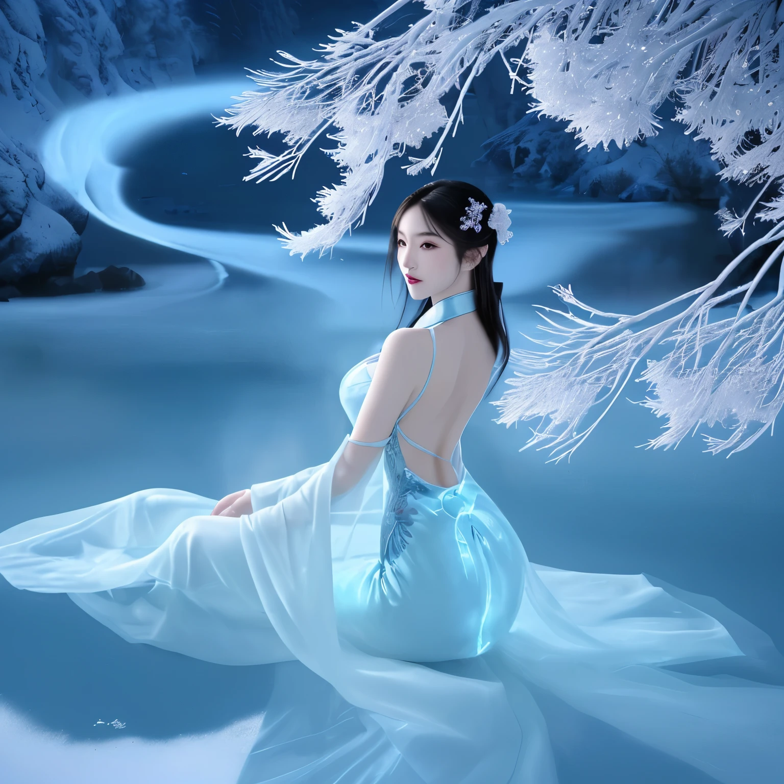 Chinese style beauty，back view，red cheongsam，Follow suit，The background is the snowy mountains in the distance，surreal、dreamlike、bright colors、Ice blue tones、shiny reflective surface、Ethereal and light atmosphere、Mysterious shadows、dynamic composition。[frozen landscape]，glowing aurora，Clear river，blue river，Spectacular skies，soft，heavy snow，delicate snowflakes，intricate ice formations。（Full body detailed portrait of beautiful chinese woman），flawless skin，flowing hair，confident expression，professional tone，Wide-angle lens，Excellent picture quality，4K resolution，With authentic detail and realism，There are soft color adjustments in the picture。The light illuminates the whole picture in a soft way，Highlight the beauty of women。The whole picture is dedicated to creating romance、cozy atmosphere。