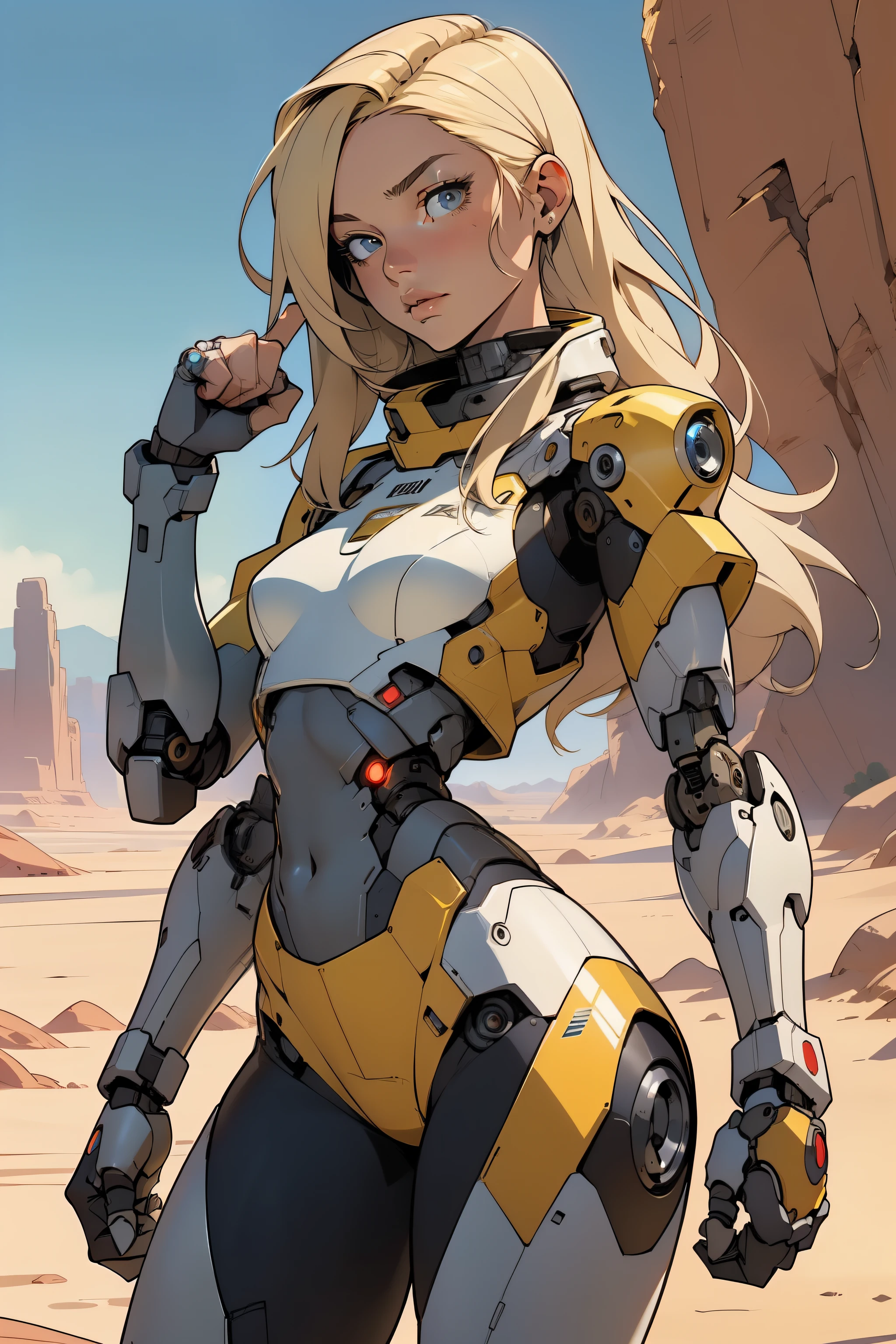high quality, 4k, masterpiece, beautiful, cyborg girl, cowboy shot, dull eyes, front, looking at viewer, long blonde hair, girl, small breasts, fit thighs, robotic arms, robotic body, cyborg body, yellow & white uniform, red accent, intricate detail, joint, detailed lines, robotic detail, holding fist up, holding hand up as fist, color robotic parts, robotic parts with color, perfect fingers, on a desert planet, sunny background, colorful desert, a river or a lake in the background, slender thighs