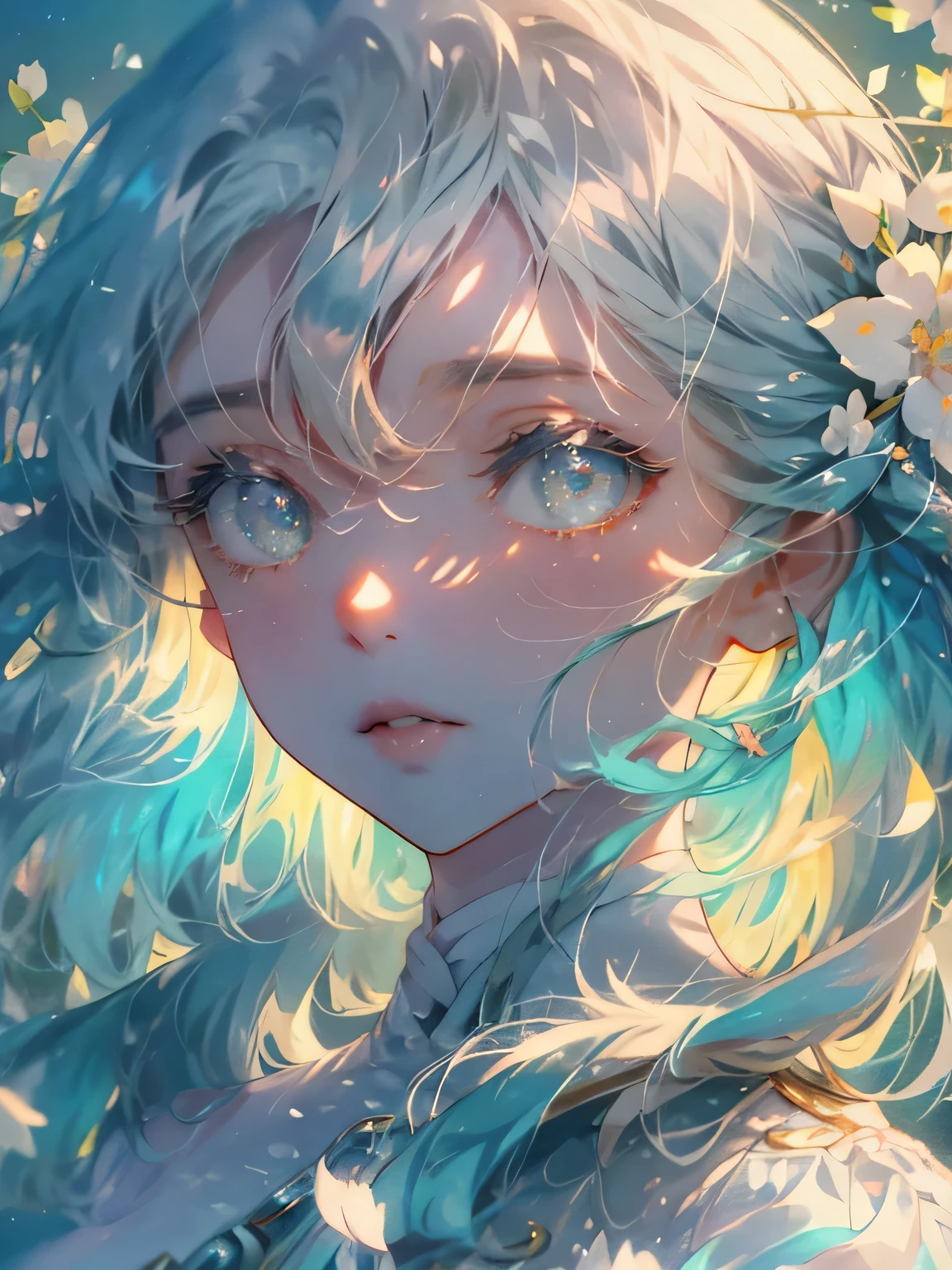 (high quality 8k), (watercolor paiting), ((Soft light)), The presence of flowers in the hair、Anime girl on blue sky background, Beautiful Anime Portrait, Detailed Digital Anime Art, digital anime illustration, soft anime illustration, beautiful digital illustrations, clean detailed anime art, Stunning anime face portrait, digital anime art, beautiful digital works of art, Detailed face, Detailed eyes, Translucent eyes, white blossoms,