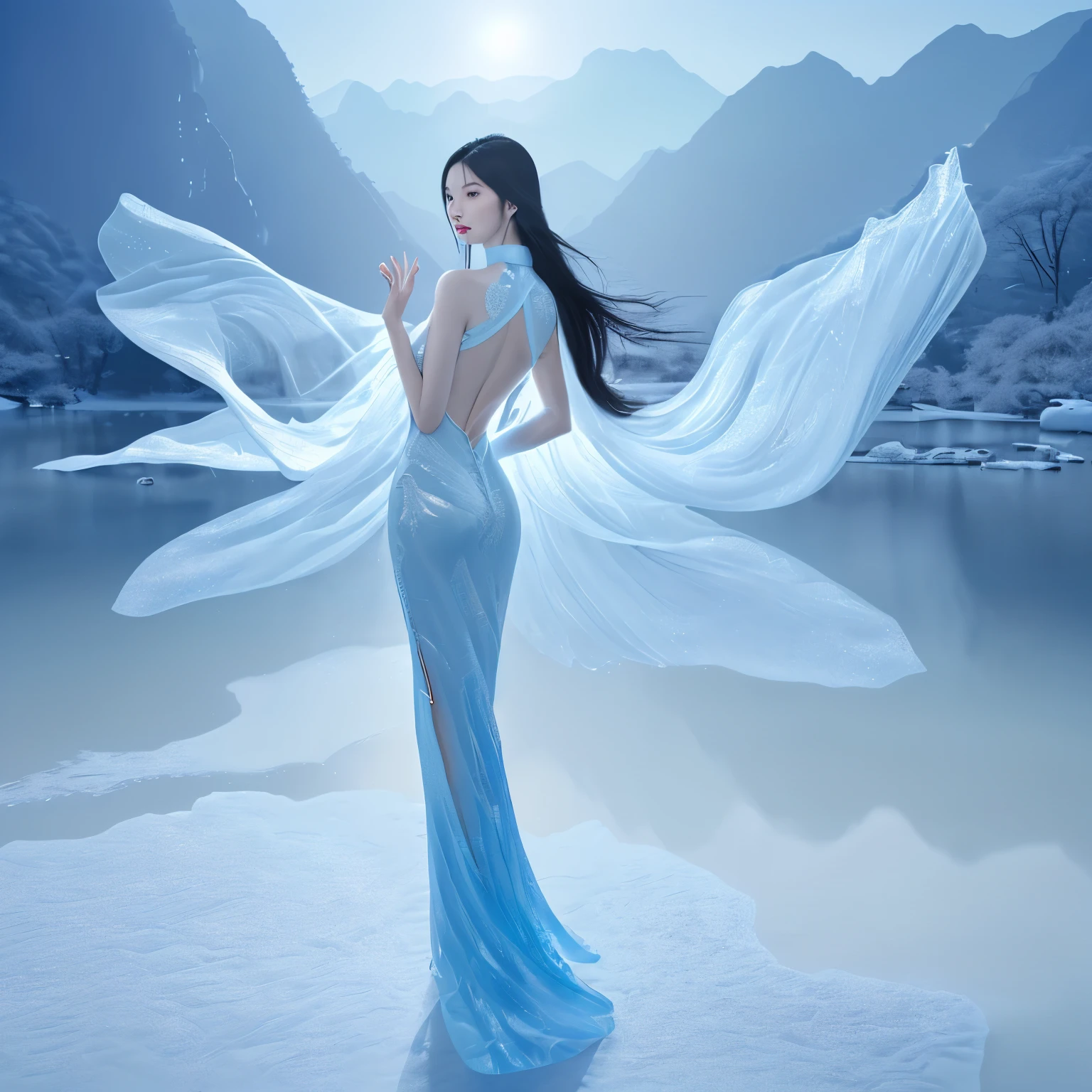 Chinese style beauty，back view，red cheongsam，Follow suit，The background is the snowy mountains in the distance，surreal、dreamlike、bright colors、Ice blue tones、shiny reflective surface、Ethereal and light atmosphere、Mysterious shadows、dynamic composition。[frozen landscape]，glowing aurora，Clear river，blue river，Spectacular skies，soft，heavy snow，delicate snowflakes，intricate ice formations。（Full body detailed portrait of beautiful chinese woman），flawless skin，flowing hair，confident expression，professional tone，Wide-angle lens，Excellent picture quality，4K resolution，With authentic detail and realism，There are soft color adjustments in the picture。The light illuminates the whole picture in a soft way，Highlight the beauty of women。The whole picture is dedicated to creating romance、cozy atmosphere。