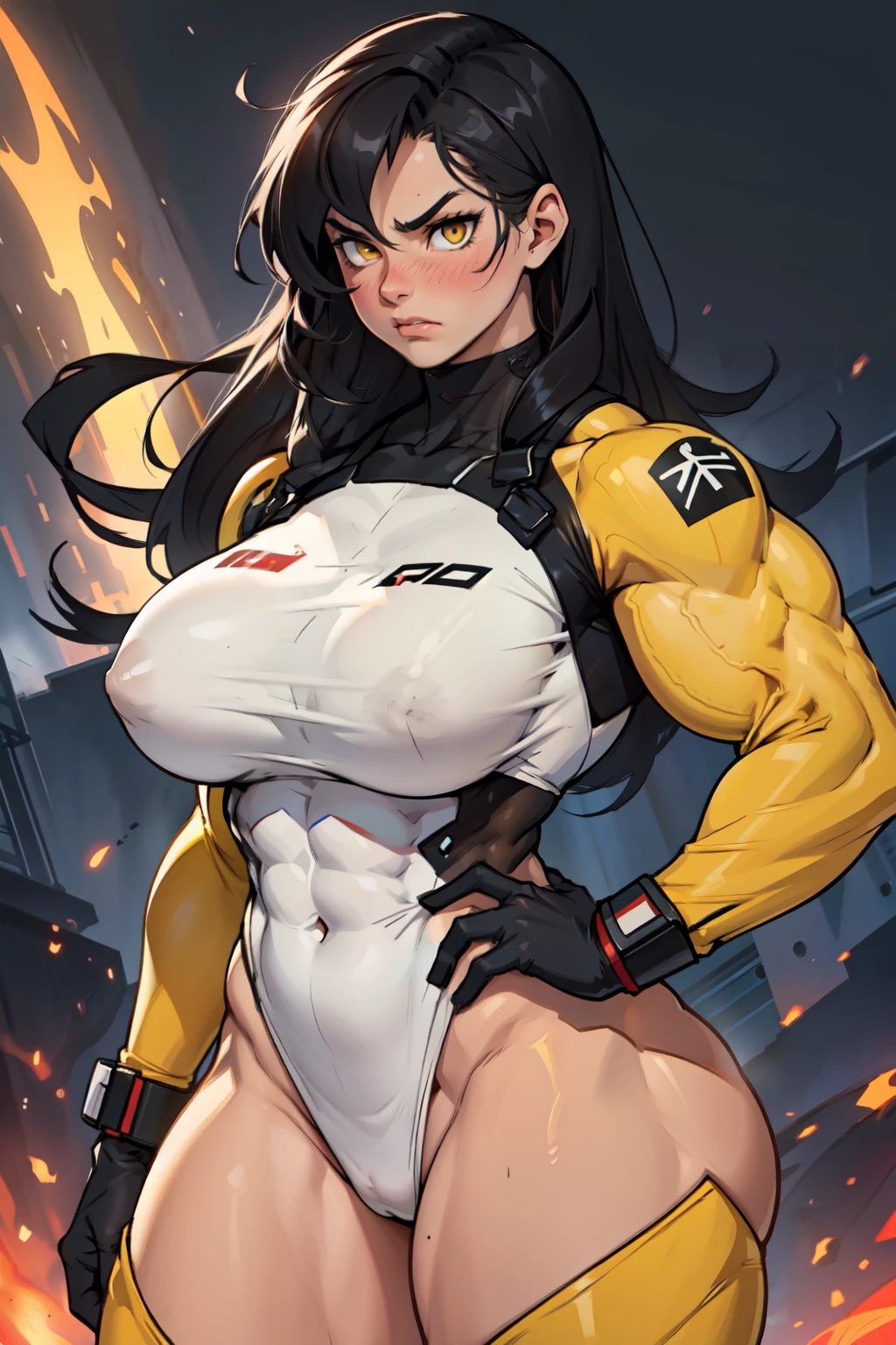 1girl (((muscular toned body))) large breasts thick thighs wide hips curvy abs black hair yellow eyes very long hair pale skin voluptuous angry blush bodysuit