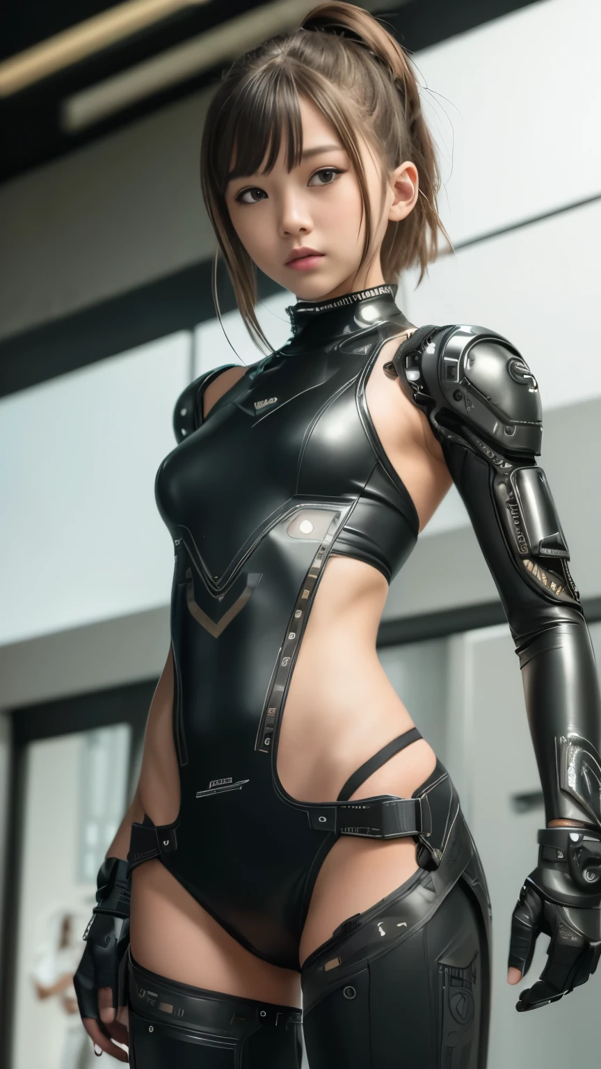 high quality, ​realistic masterpiece, girl with legs tied and wrists bound, Beautiful  skinny girl with cute face, eyes closed in pleasure, cyberpunk, Wearing neon futuristic robotic tactical shear armor cyberpunk suit with cutouts, skinny athletic body showing legs, abs, Famous actresses of Japan, very beautiful face, bdsm