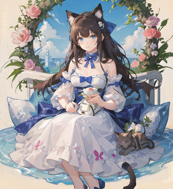 1 girl, animal ears, blue eyes, brown hair, medium breasts , wing, alone, long hair, blush, Cat ears, flower, looking at the viewer, Braid, bow, dress, pink flower, hair bow, hair ornaments, bangs, Cat, hair flower, animal earsの綿毛, holding, Virtual YouTuber, blue bow, holding animal, Cat girl, stuffed toy