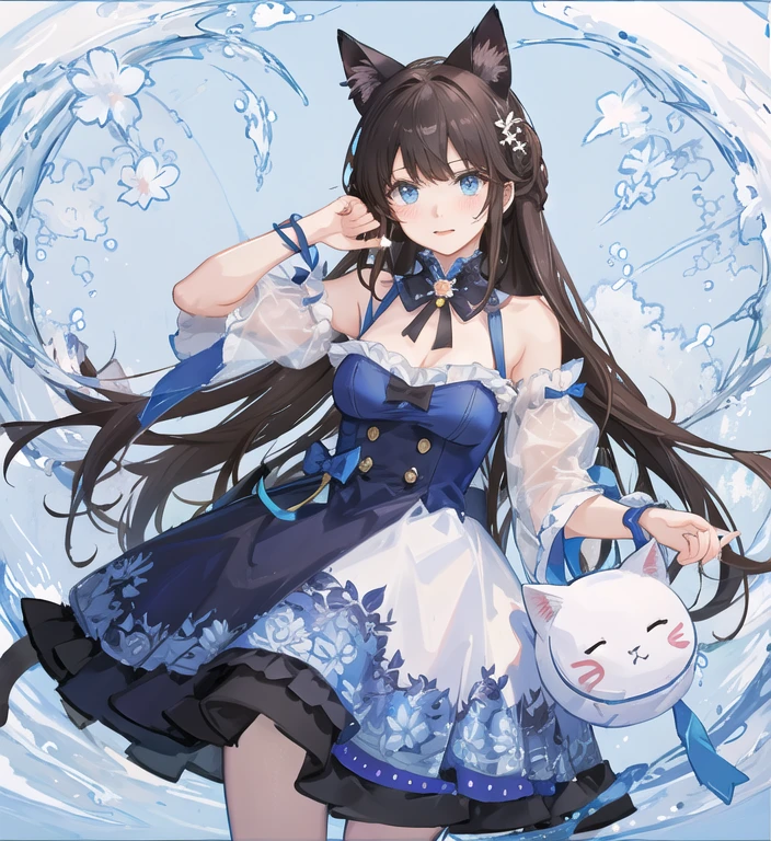 1 girl, animal ears, blue eyes, brown hair, medium breasts , wing, alone, long hair, blush, Cat ears, flower, looking at the viewer, Braid, bow, dress, pink flower, hair bow, hair ornaments, bangs, Cat, hair flower, animal earsの綿毛, holding, Virtual YouTuber, blue bow, holding animal, Cat girl, stuffed toy