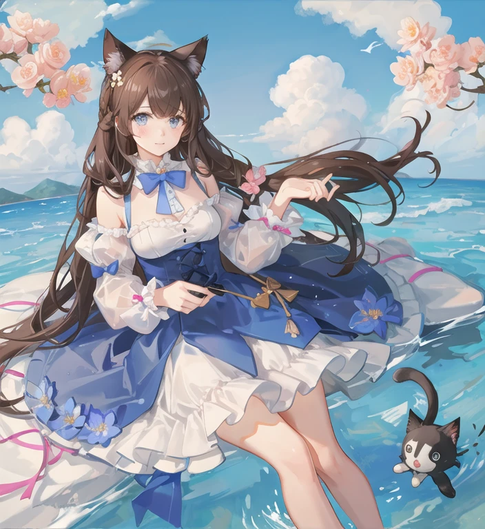 1 girl, animal ears, blue eyes, brown hair, medium breasts , wing, alone, long hair, blush, Cat ears, flower, looking at the viewer, Braid, bow, dress, pink flower, hair bow, hair ornaments, bangs, Cat, hair flower, animal earsの綿毛, holding, Virtual YouTuber, blue bow, holding animal, Cat girl, stuffed toy