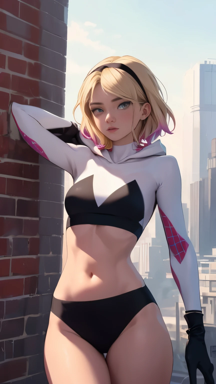 (Highly quality, masterpiece, detailed), city detailed scenario, city detailed background, solo, Gwen, blonde hair, multicolored hair, short hair, hairband, crop top, web-print, hood down, gloves, navel, on top of a building, perfect face, beautiful eyes, look at the viewer, Sexy pose