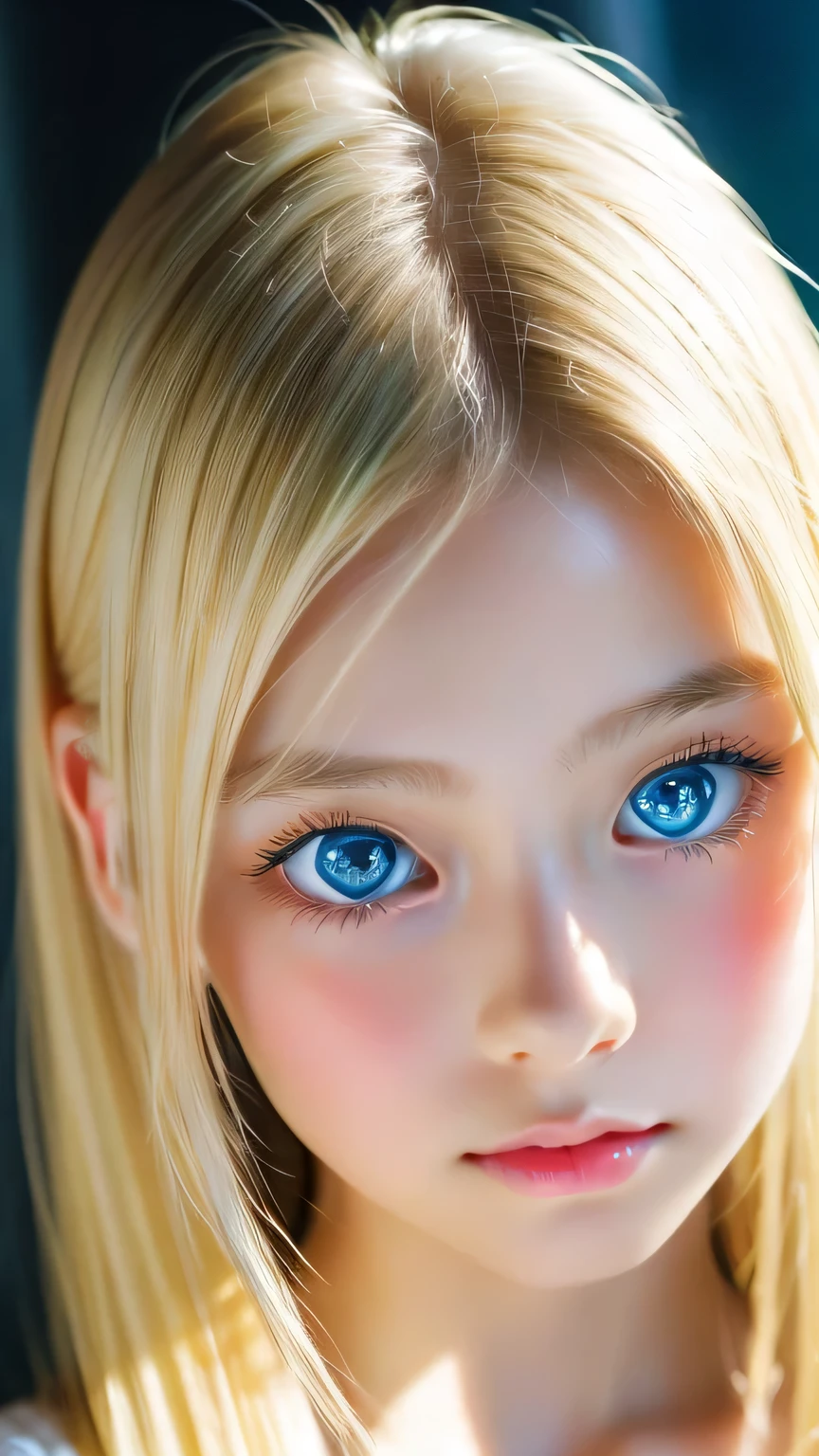 Portrait、、bright look、ponytail、bangs between eyes、bangs on the face、Young, shiny, white, glossy skin、gross face、cheek gloss highlight、best beauty、blonde reflection、Platinum blonde hair with dazzling highlights、shiny bright hair,、super long silky straight hair、Shining beautiful bangs、Attractive, beautifully shining, very bright, light blue eyes、very big eyes、Very beautiful nice cute 15 year old beautiful girl、rich bust、small face beauty、
