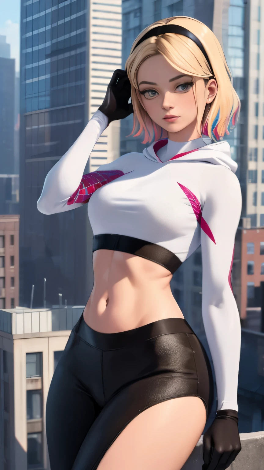 (Highly quality, masterpiece, detailed), city detailed scenario, city detailed background, solo, Gwen, blonde hair, multicolored hair, short hair, hairband, crop top, web-print, hood down, gloves, navel, on top of a building, perfect face, beautiful eyes, look at the viewer, Sexy pose