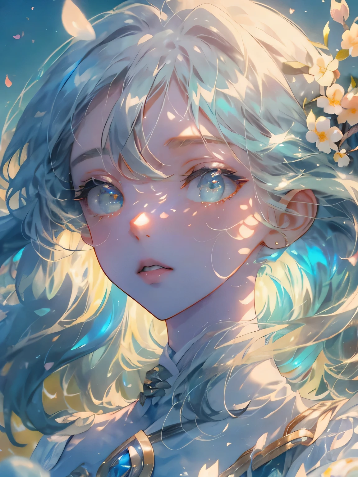 (high quality 8k), (watercolor paiting), ((Soft light)), The presence of flowers in the hair、Anime girl on blue sky background, Beautiful Anime Portrait, Detailed Digital Anime Art, digital anime illustration, soft anime illustration, beautiful digital illustrations, clean detailed anime art, Stunning anime face portrait, digital anime art, beautiful digital works of art, Detailed face, Detailed eyes, Translucent eyes, white blossoms,