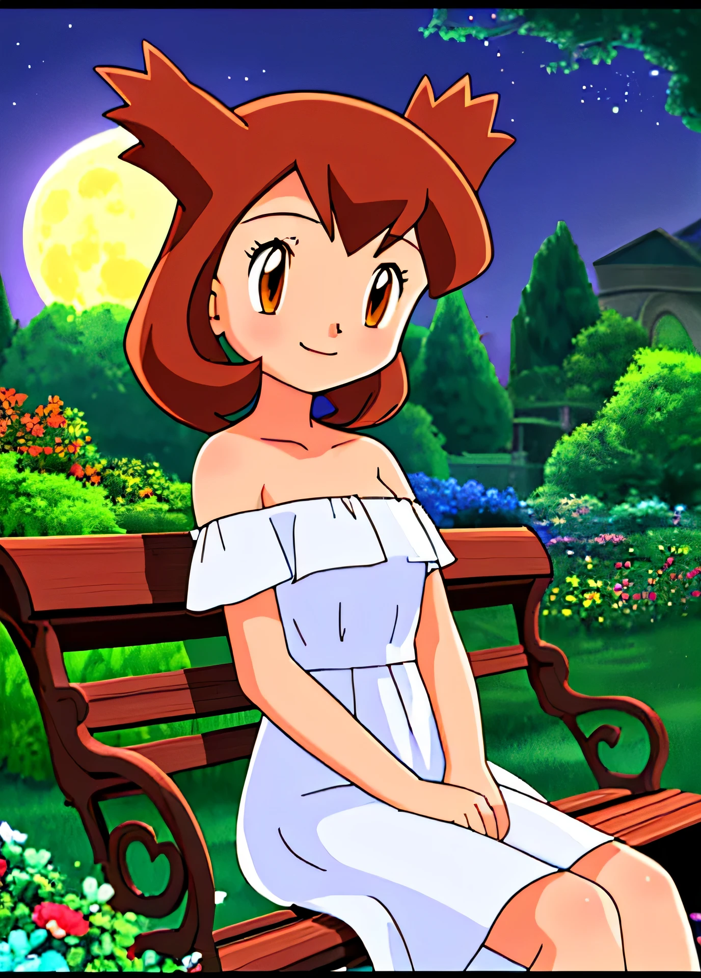 masterpiece, best quality, ultra-detailed, illustration, beautiful detailed eyes, very detailed illustration, cinematic lighting, 1 girl, solo, Pokemon Heroes (Bianca), Brown Hair, brown eyes, bare shoulders, strapless, off shoulders, white ruffle off the shoulder top, white maxi dress, intricate details, sharp focus, high resolution, the background of beautiful garden with a forest of flowers, on a beautiful night, full moon, smile, sitting on a park bench, near a water pool on the bottom, anime style, ultra-detailed, hdr, far at the bottom, in the center, Close up