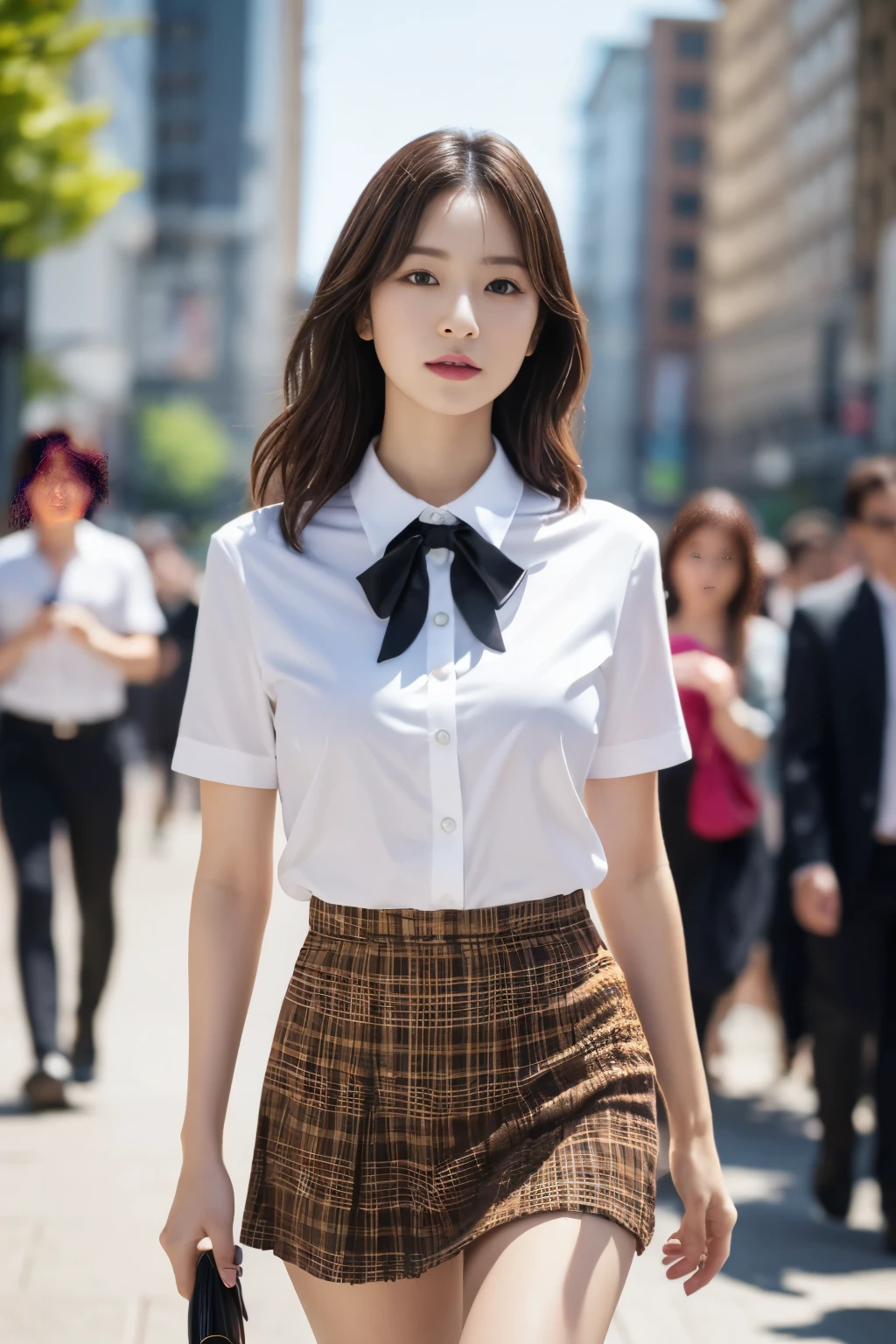(RAW Photo, Best Quality), (Realistic, Photo Realistic: 1.3), Best Quality, Highly Detailed,8k RAW photo, highest quality, masterpiece, ultra high resolution, 3D, realistic, 1 girl, ((Beautiful woman walking in the city))、Walking towards the audience、((portrait))、japanese woman, serious face, black_hair, black_crew_collar, short hair, nose, School_uniform,, natural skin texture, light brown_eye, detailed eyes and face, lips, lipstick, beautiful feet, huge breastss, (detailed background), plaid mini skirt, white shirt, Brown high heels、huge breasts,、blurred background,short sleeve、whole body、bright white lighting