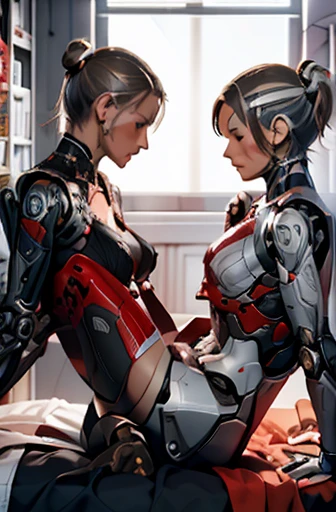 A Female robot is sleeping in bedroom, spread legs, nude, banzai pose. she wears no dress. She Brown short hair is tied with two big red clothespins, She lifts up the under hem of her white plain dress, leaning over, masterpiece, very short pigtails,brown hair, mature, android, blue eyes, full body figure, Height: 160cm, flushed cheeks, 2020s anime picture, A beautiful robot with short brown hair in two short pigtails held up by two very large huge red clothespins, Uplifting, No NSFW, whole body, barefoot, archaic smile, getting orgasm, 25 years old, sweat bucket.