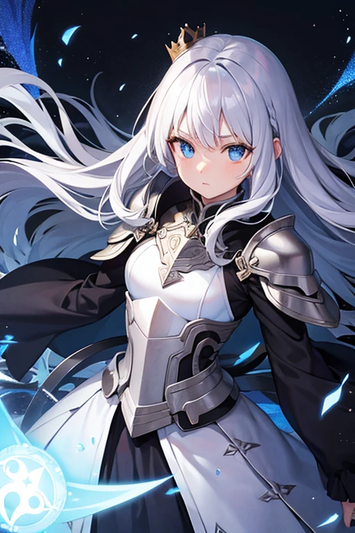 girl，white hair，blue eyes，glowing eyes，glowing eyes，glowing eyes，long hair，Dark system，Long white and black dress，armor，Silvery crown，Queen，brandishing a sword，poster，incredible，big occasion，best quality，epic，Tyndall effect，enchanted forest