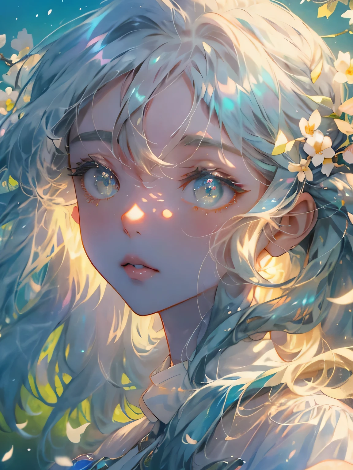 (high quality 8k), (watercolor paiting), ((Soft light)), The presence of flowers in the hair、Anime girl on blue sky background, Beautiful Anime Portrait, Detailed Digital Anime Art, digital anime illustration, soft anime illustration, beautiful digital illustrations, clean detailed anime art, Stunning anime face portrait, digital anime art, beautiful digital works of art, Detailed face, Detailed eyes, Translucent eyes, white blossoms,