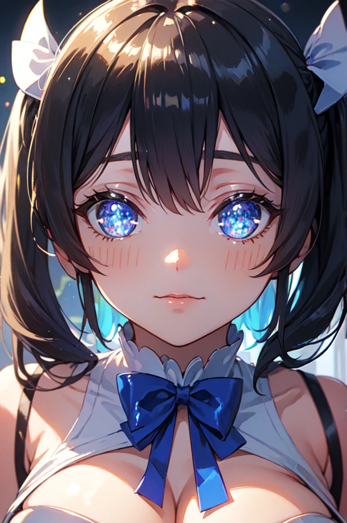 full body, twin tails, black hair, air ornament, white dress, blue bowtie, cleavage cutout, blue ribbon, arm ribbon, short dress, white gloves, barefoot, blue bow, blue bowtie, bow, bowtie, cleavage, cleavage cutout, clothing cutout, dress, gloves, pencil dress, (rei no himo:1.5), short dress, white dress, white gloves, masterpiece:1.3), (High resolution), (8K), (very detailed), (4k), (pixiv), perfect face, beautiful eyes and face, (highest quality), (Super detailed), detailed face and eyes,((highest quality)),((table top)),((perfect face)), detailed５two-fingered hand,1 girl and fantasy style, ((holographic)), (stripes of light), impressive visuals, Like the cover of a movie, (dynamic streak, path of light:1.2), bright colors, and face up,dynamic pose