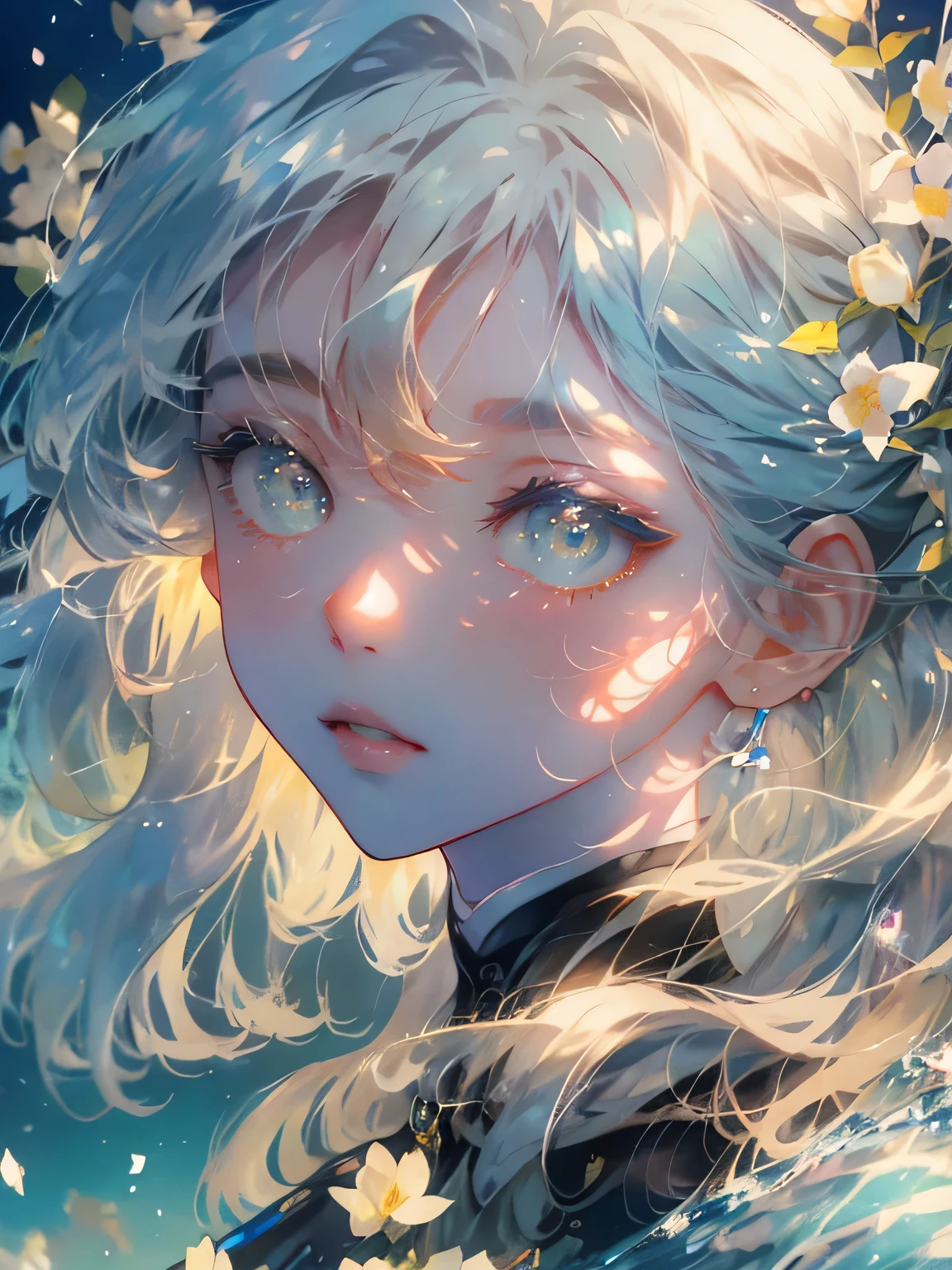 (high quality 8k), (watercolor paiting), ((Soft light)), The presence of flowers in the hair、Anime girl on blue sky background, Beautiful Anime Portrait, Detailed Digital Anime Art, digital anime illustration, soft anime illustration, beautiful digital illustrations, clean detailed anime art, Stunning anime face portrait, digital anime art, beautiful digital works of art, Detailed face, Detailed eyes, Translucent eyes, white blossoms,