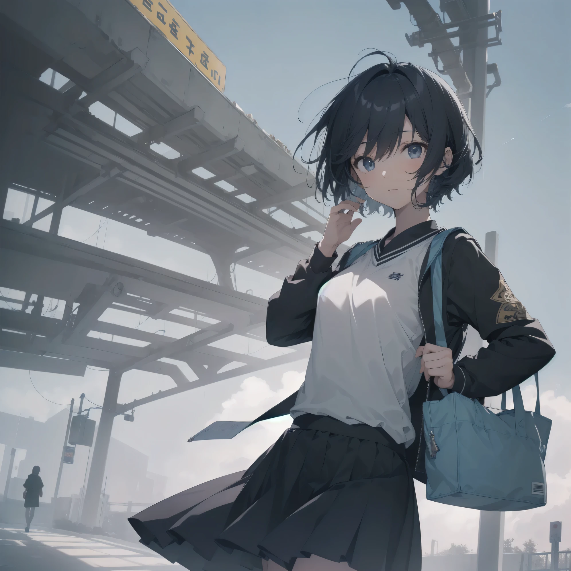 ultra-absurdres-Top quality by artist God, ultra-detailed, high resolution, anime moe artstyle, best anime 8k konachan wallpaper, pixiv contest winner, perfect anatomy,break, 1girl, (Please draw a girl walking sleepily to school alone. )break,(Solo,little female, 13-year-old:1.3),Full limbs, complete fingers,a junior high school student, (very short hair), short cut, flat chest, , small butt, small black eyes, beautiful detailed eyes, well-proportioned iris and pupils, expressive eyes, highres detailed hair, soft expression, school_uniform, official_alternate_costume, pleated skirt,(Detailed Lighting), (Detailed background), in the School commute route. break,super detailed skin, Best cinematic lighting powered by famous artist, 8k,beauty illustration,photoshop_(medium),very aesthetic,break,((artist:kouji_(campus_life) )), artist:akinashi yuu ,artist:oyari ashito ,artist:kantoku ,