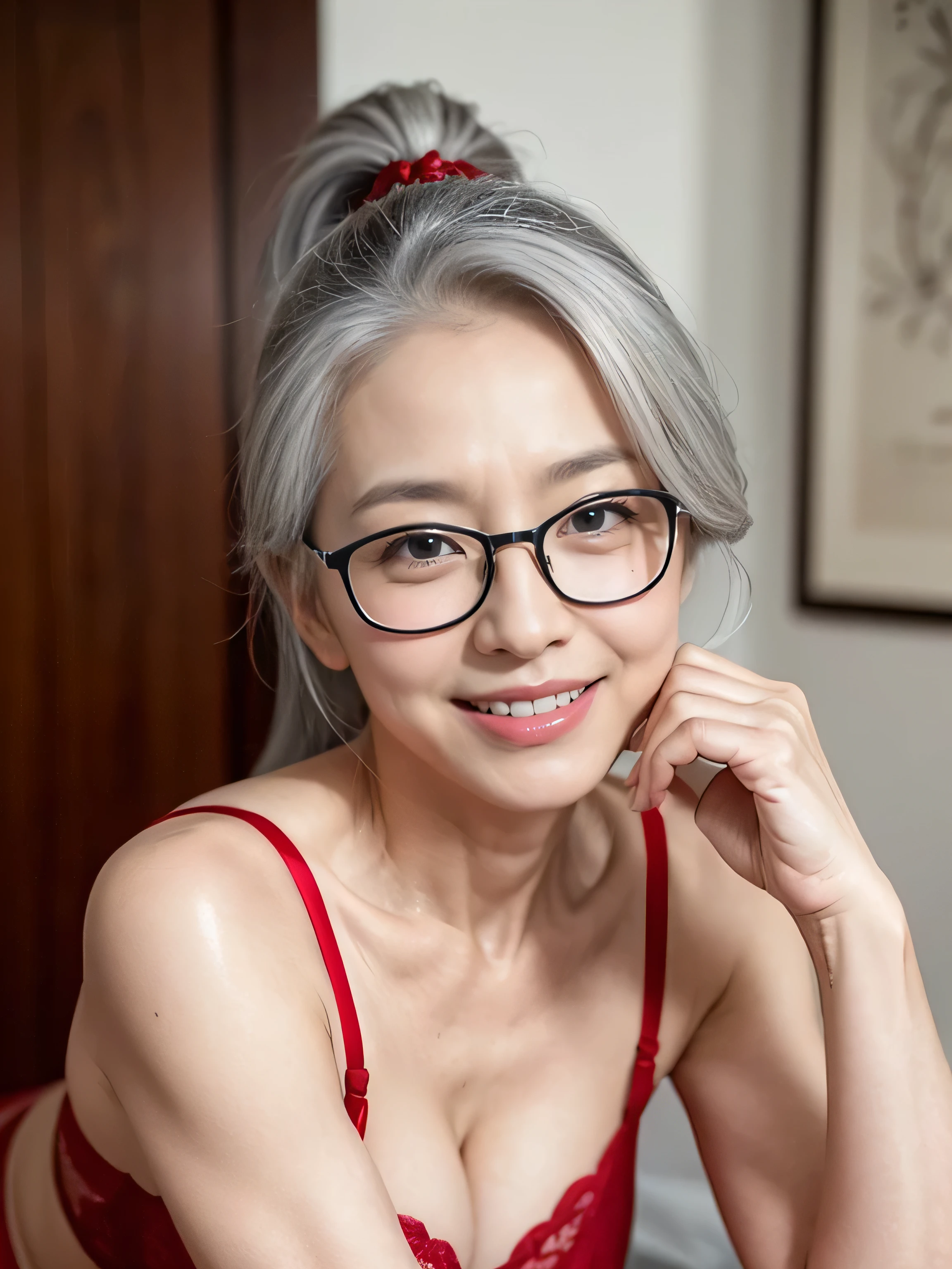 (65 years old:1.3),gray hair,(there are many wrinkles on her face:1.23),old woman,red erotic lingerie,smile,sexy posing,beautiful hip, ponytail hair, Wearing glasses