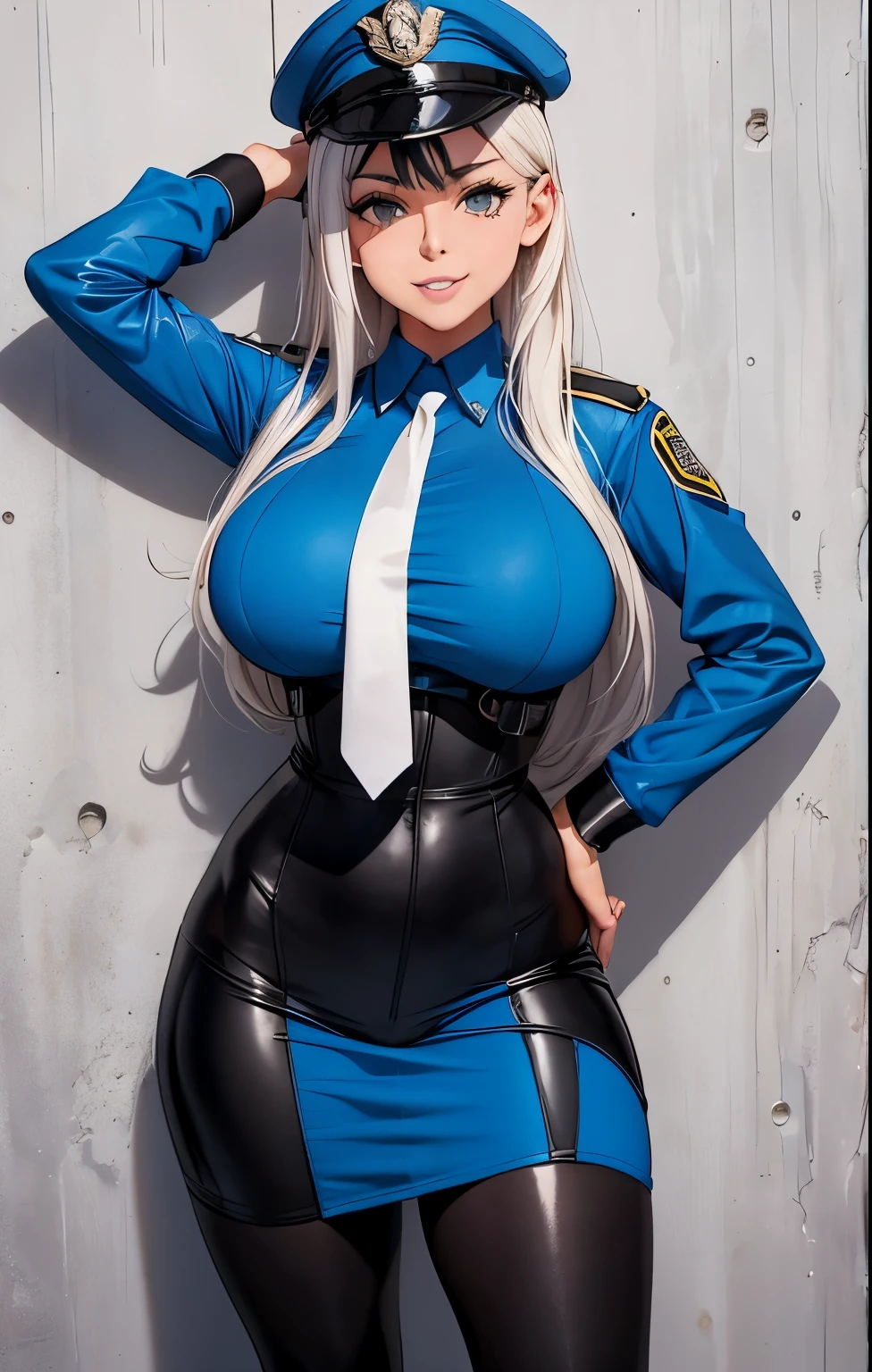 tirar: ((culo enorme)) Riley Reid in sexy police outfit, Cuerpo delgado, delgado grueso, silueta con curvas, sonriente, 12K HDR, hermoso rostro, ultra detallado, obra maestra, ((pose sexy contra la pared)), pelo blanco