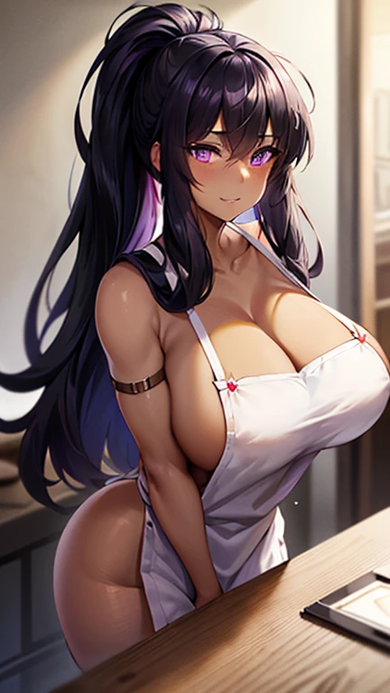 beautiful young woman, long black hair, high ponytail, parted bangs, (purple eyes: 1.5), (dark skin: 1.4), Wearing tiny apron, ((nakedapron)), large breasts, muscular, purple eyes, shiny eyes, beautiful bright purple eyes,black hair, bursting breasts, huge thighs 