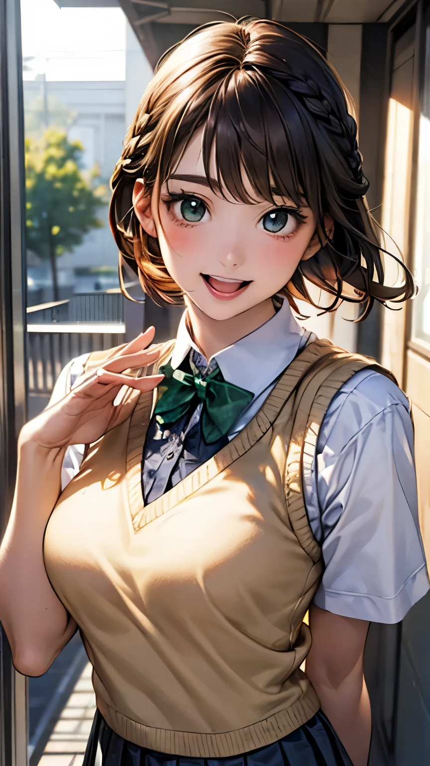 (masterpiece:1.2, highest quality), (realistic, photorealistic:1.4), beautiful illustrations, (natural side lighting, movie lighting), NSFW,
looking at the viewer, upper body, 1 girl, Japanese, high school girl, 12 years old, perfect face, cute and symmetrical face, shiny skin,
(short hair, braid, light brown hair), bangs, emerald greeneyes, Big eyes, long eyelashes, (medium breasts),
beautiful hair, beautiful face, beautiful detailed eyes, beautiful clavicle, beautiful body, beautiful breasts, beautiful thighs, beautiful feet, beautiful fingers,
((white collared shirts, dark grey pleated mini skirt, yellow grown knitted vest), dark red bow tie),
(beautiful scenery), evening, (school hallway), walk, waving hand, ((;d)),