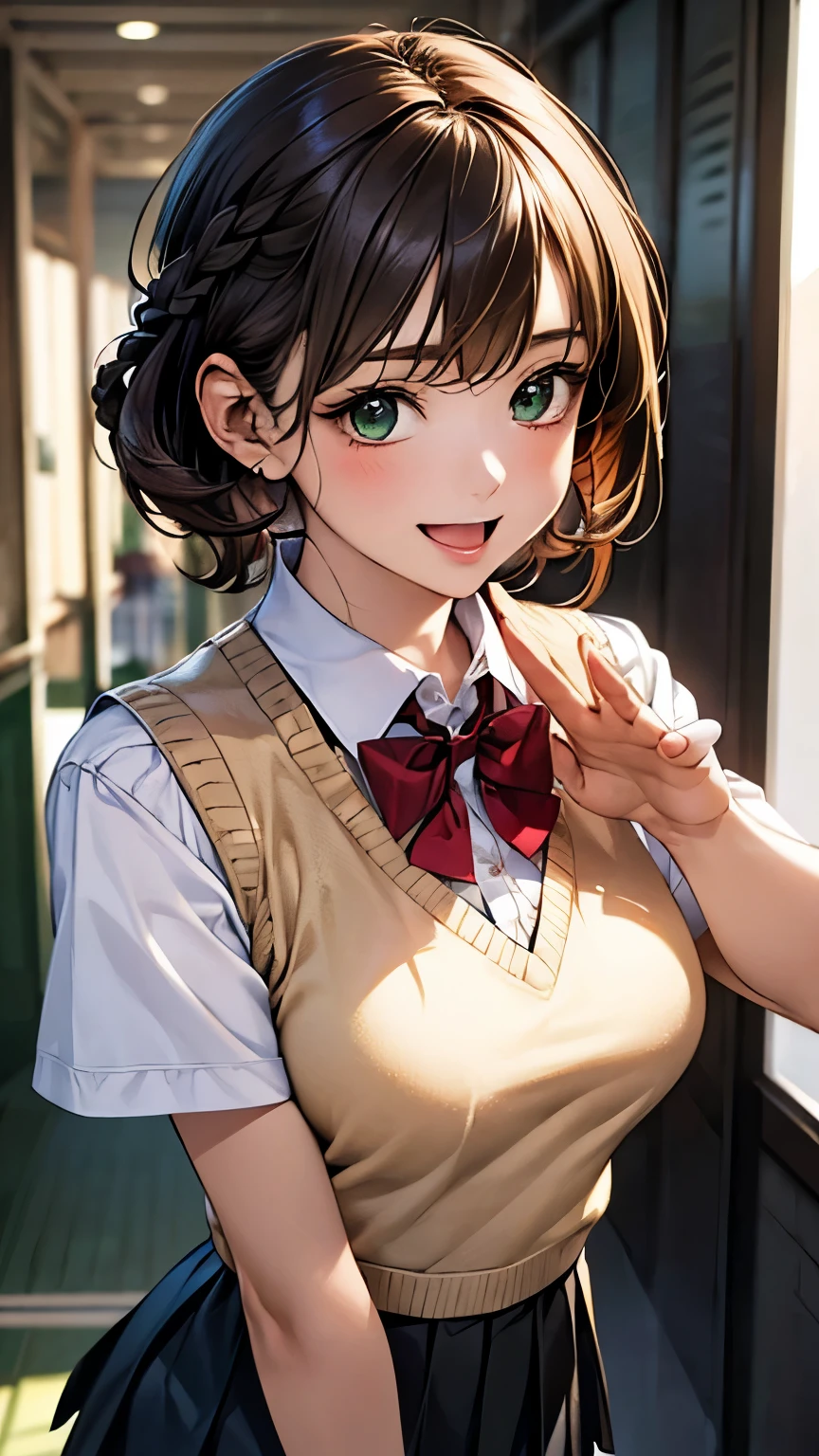 (masterpiece:1.2, highest quality), (realistic, photorealistic:1.4), beautiful illustrations, (natural side lighting, movie lighting), NSFW,
looking at the viewer, upper body, 1 girl, Japanese, high school girl, , perfect face, cute and symmetrical face, shiny skin,
(short hair, braid, light brown hair), bangs, emerald greeneyes, Big eyes, long eyelashes, (medium breasts),
beautiful hair, beautiful face, beautiful detailed eyes, beautiful clavicle, beautiful body, beautiful breasts, beautiful thighs, beautiful feet, beautiful fingers,
((white collared shirts, dark grey pleated mini skirt, yellow grown knitted vest), dark red bow tie),
(beautiful scenery), evening, (school hallway), walk, waving hand, ((;d)),