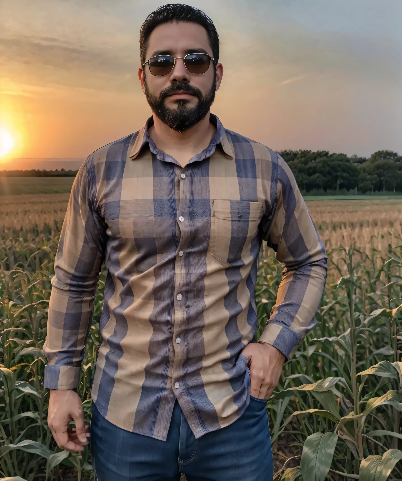 Obra maestra, desenfoque de campo, Parte superior del cuerpo, hands in pants pockets , 38 year old man with beard and square sunglasses. Man wearing a plaid shirt in a corn field with a sunset in the background.