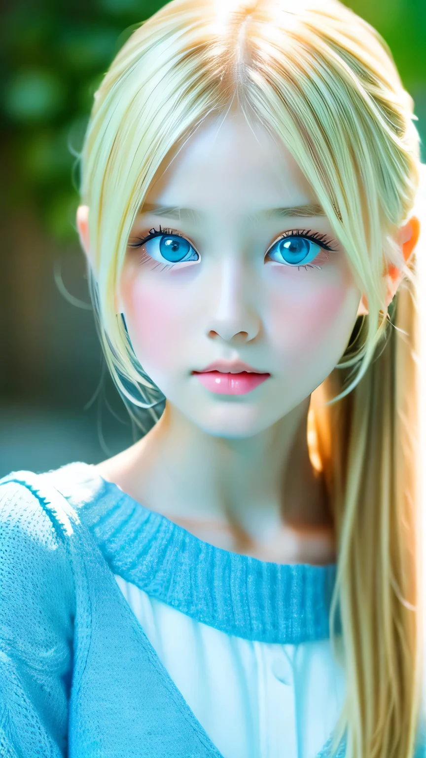 Portrait、、bright look、ponytail、bangs between eyes、bangs on the face、Young, shiny, white, glossy skin、gross face、cheek gloss highlight、best beauty、blonde reflection、Platinum blonde hair with dazzling highlights、shiny bright hair,、super long silky straight hair、Shining beautiful bangs、Attractive, beautifully shining, very bright, light blue eyes、very big eyes、Very beautiful nice cute 15 year old beautiful girl、rich bust、small face beauty、