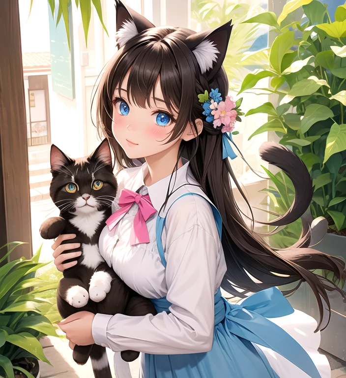 1 girl, animal ears, blue eyes, brown hair, medium breasts , wing, alone, long hair, blush, Cat ears, flower, looking at the viewer, Braid, bow, dress, pink flower, hair bow, hair ornaments, bangs, Cat, hair flower, animal earsの綿毛, holding, Virtual YouTuber, blue bow, holding animal, Cat girl, stuffed toy