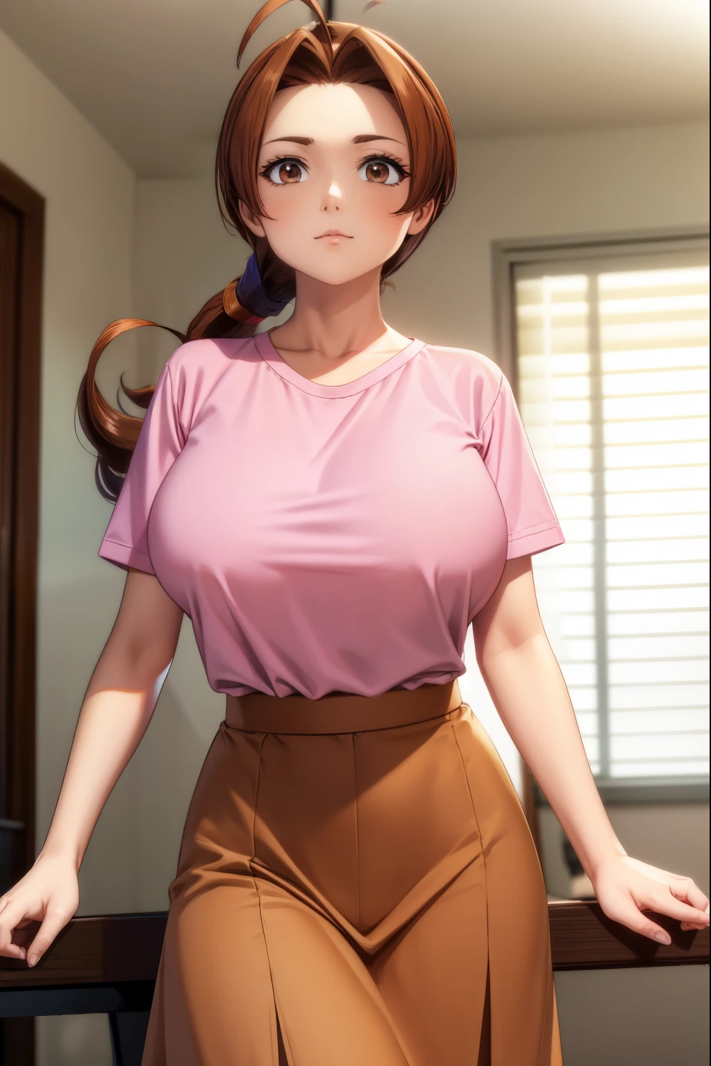 deliaketchum, deliaketchum, brown hair, (brown eyes:1.7), parted bangs, (ahoge:1.5), ponytail, low ponytail,
BREAK shirt, (pink shirt:1.2), short sleeves, skirt, blue skirt, long skirt,
BREAK indoors,
BREAK looking at viewer, (cowboy shot:1.5),
BREAK (masterpiece:1.2), best quality, high resolution, unity 8k wallpaper, (illustration:0.8), (beautiful detailed eyes:1.6), extremely detailed face, perfect lighting, extremely detailed CG, (perfect hands, perfect anatomy),