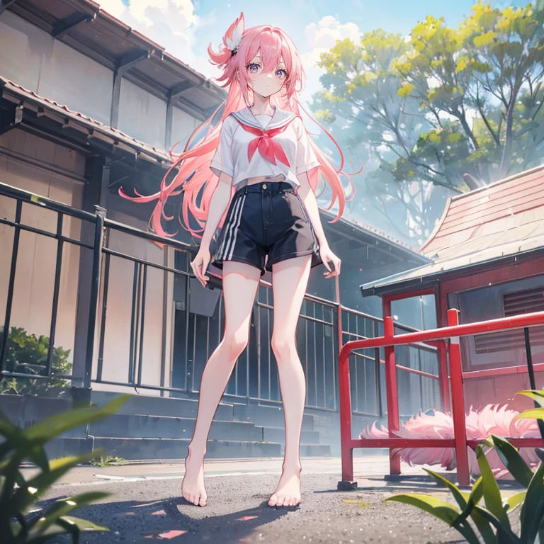 Coral pink hair,long hair,hair over one eye,gray eyes,feather hair ornament,cute,girl,Ultra-thin waist,Ultra-thin legs,Sports short sleeves,shorts,No shoes on your feet,whole body,stand on the ground,Does not expose fingers,The background is the school playground track,blue sky