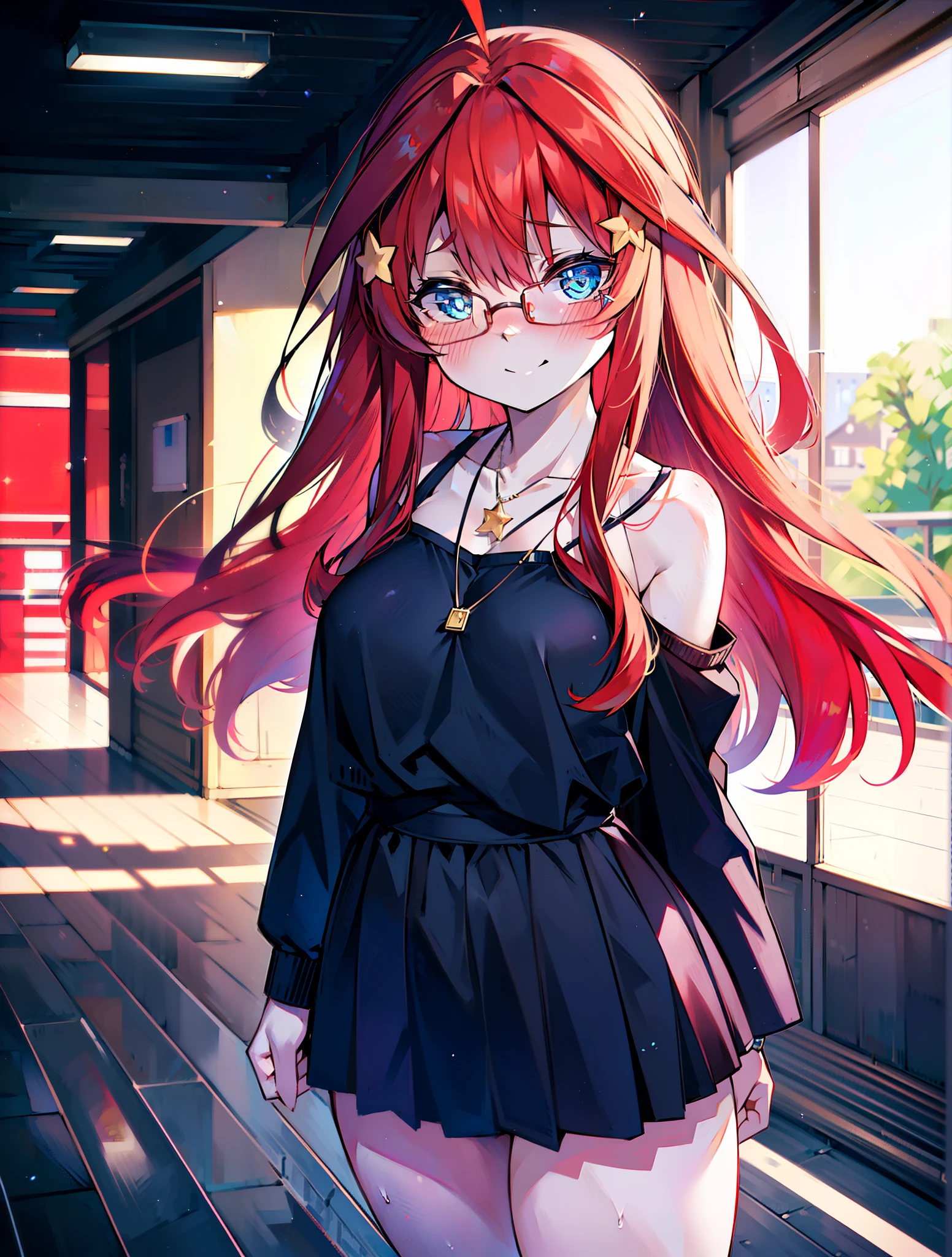 itsukinakano, itsuki nakano, bangs, blue eyes, hair between eyes, Ahoge, redhead, star \(symbol\happy smile, smile, Mouth wide open,embarrassing,blush, hair ornaments, star hair ornaments,Akagi glasses,red off shoulder sweater,bare shoulders,bare clavicle,naked neck,Heart Pendant Necklace,Black long skirt,Mini Boots,put your left hand on your waist,slouch,whole bodyがイラストに入るように,There are many shops,noon,Light of the sun,clear,Looking down from top to bottom,
break outdoors, station,square,
break looking at viewer,whole body (cowboy shot:1.5),
break (masterpiece:1.2), highest quality, High resolution, unity 8k wallpaper, (shape:0.8), (fine and beautiful eyes:1.6), highly detailed face, perfect lighting, Very detailed CG, (perfect hands, perfect anatomy),