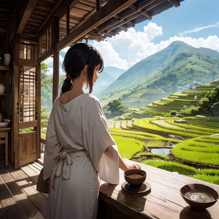 Rice terraces, woman, pottery