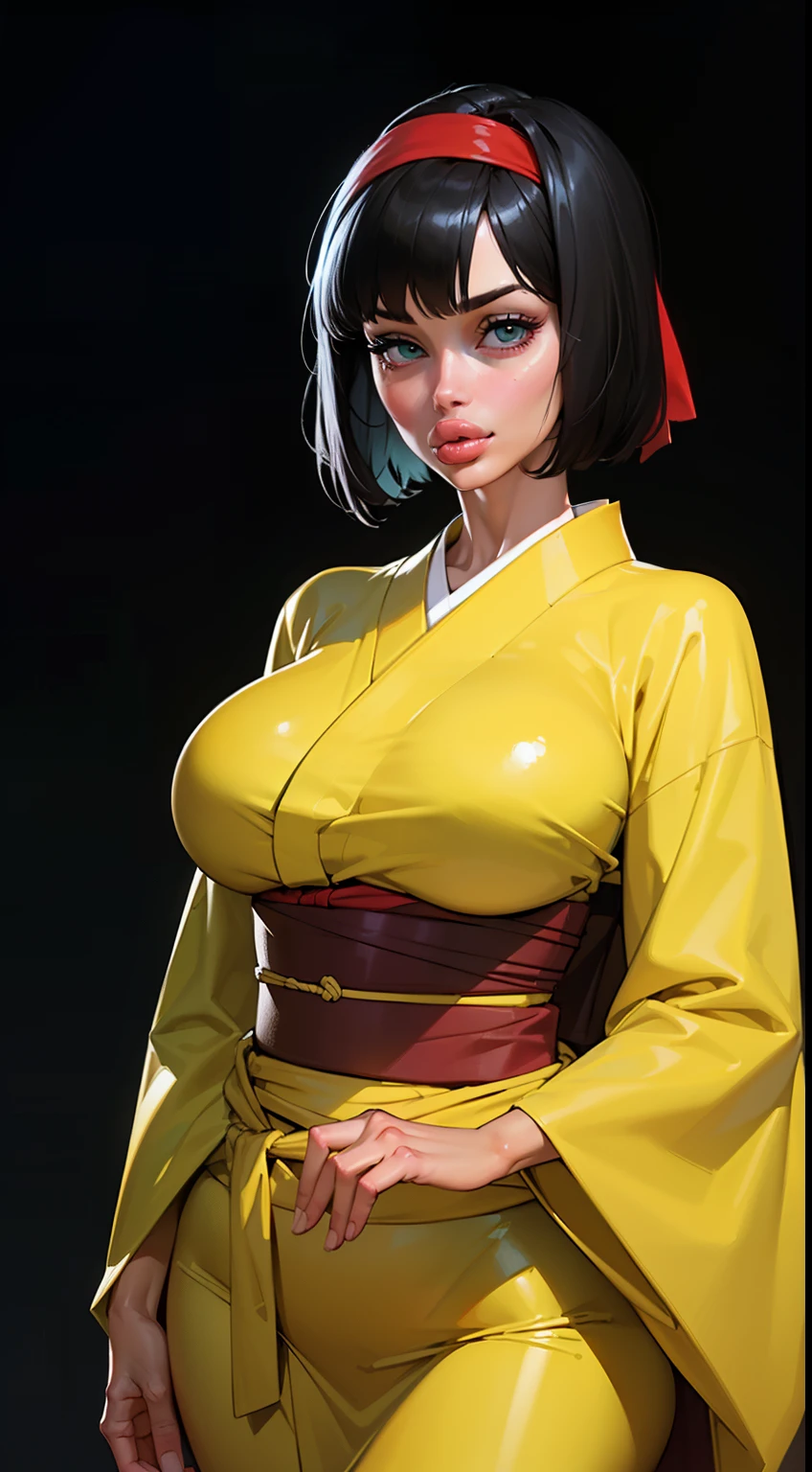 ((Dynamic view)), (((1girl:1.8))), ((short hair:1.3)),  style, ((dark hair:1.4)), anime style, (((Erika))) (((black hair:1.6))) (((smoldering eyes))), ((kimono band around waist:1.5)), ((bright light:1.5)), 8k, 4k, Unreal Engine 5, octane render, ((gigantic breasts)), trending on pixiv, ((pokemon character)) ((green kimono:1.4)), , skeb,  masterpiece,(skindentation:1.4), (full lips:1.5), ((red hair band:1.4)), (((sunset lighting))), smooth soft skin, big dreamy eyes, beautiful anime wide eyes, black background, concept art, digital painting,