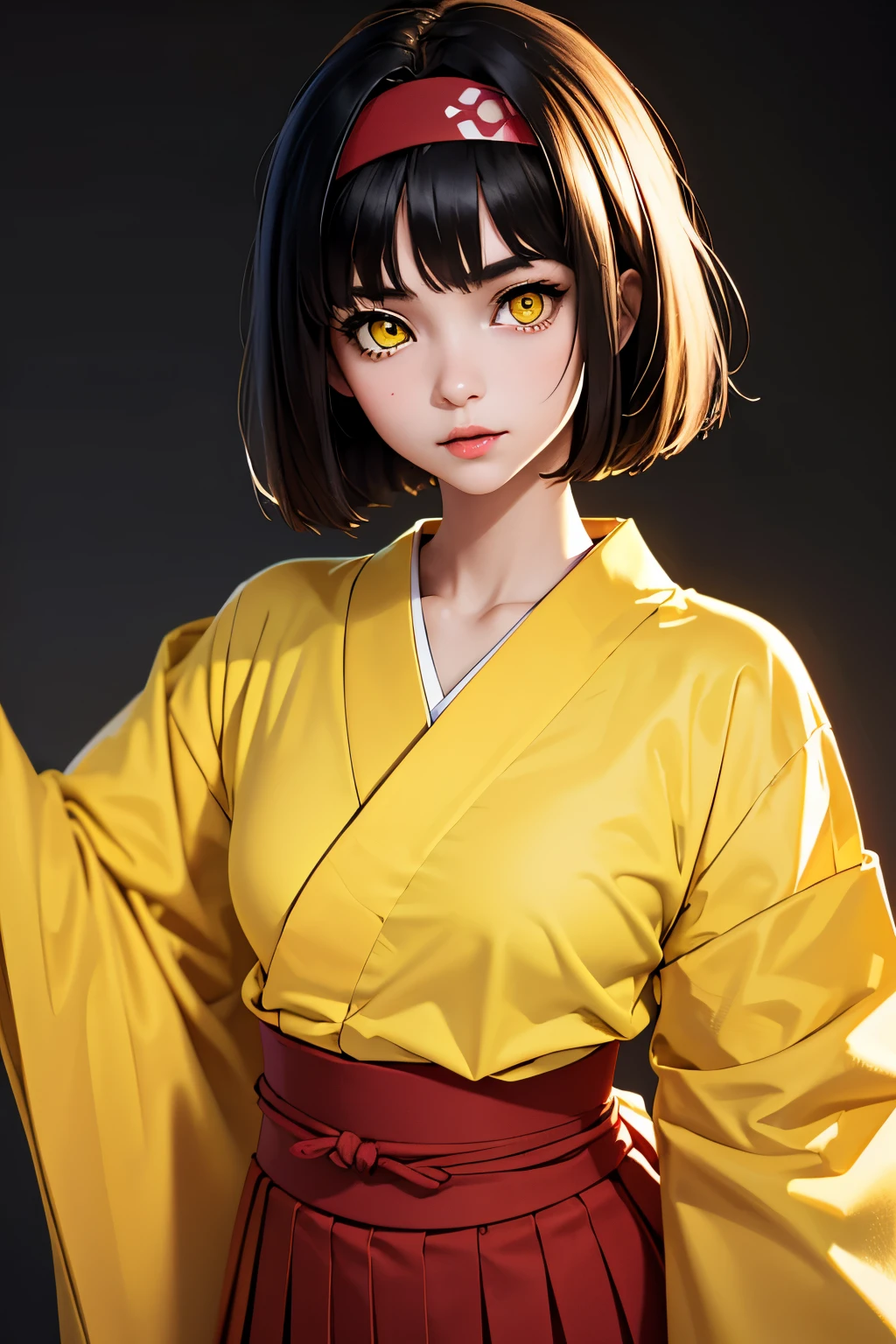 (masterpiece, best quality), 1girl,  pokemonerika, (yellow eyes:1.5), black hair, headband, short hair, japanese clothes, kimono, hakama, red hakama, long sleeves, wide sleeves,