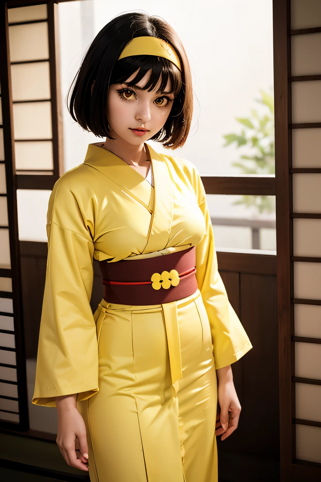 (masterpiece, best quality), 1girl,  pokemonerika, (yellow eyes:1.5), black hair, headband, short hair, japanese clothes, kimono, hakama, red hakama, long sleeves, wide sleeves,