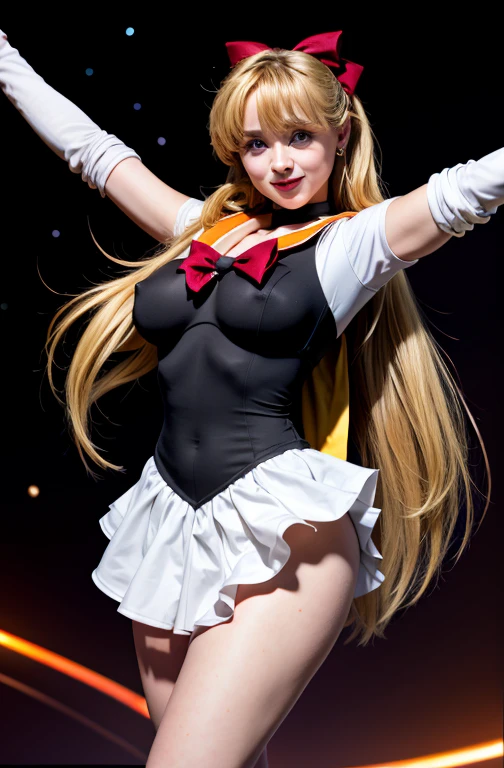 masterpiece, put both hands behind one's back、beautiful super model ,perfect lighting , b1mb0, TH3P1T, (full body,wide shot),Are standing,space background, grin, SV1, sailor warrior uniform, Orange Skirt, elbow bag, tiara, Orange sailor collar, red bow, orange choker, white gloves, jewelry,first round、slave、Tie up to the back、View the audience、big breasts