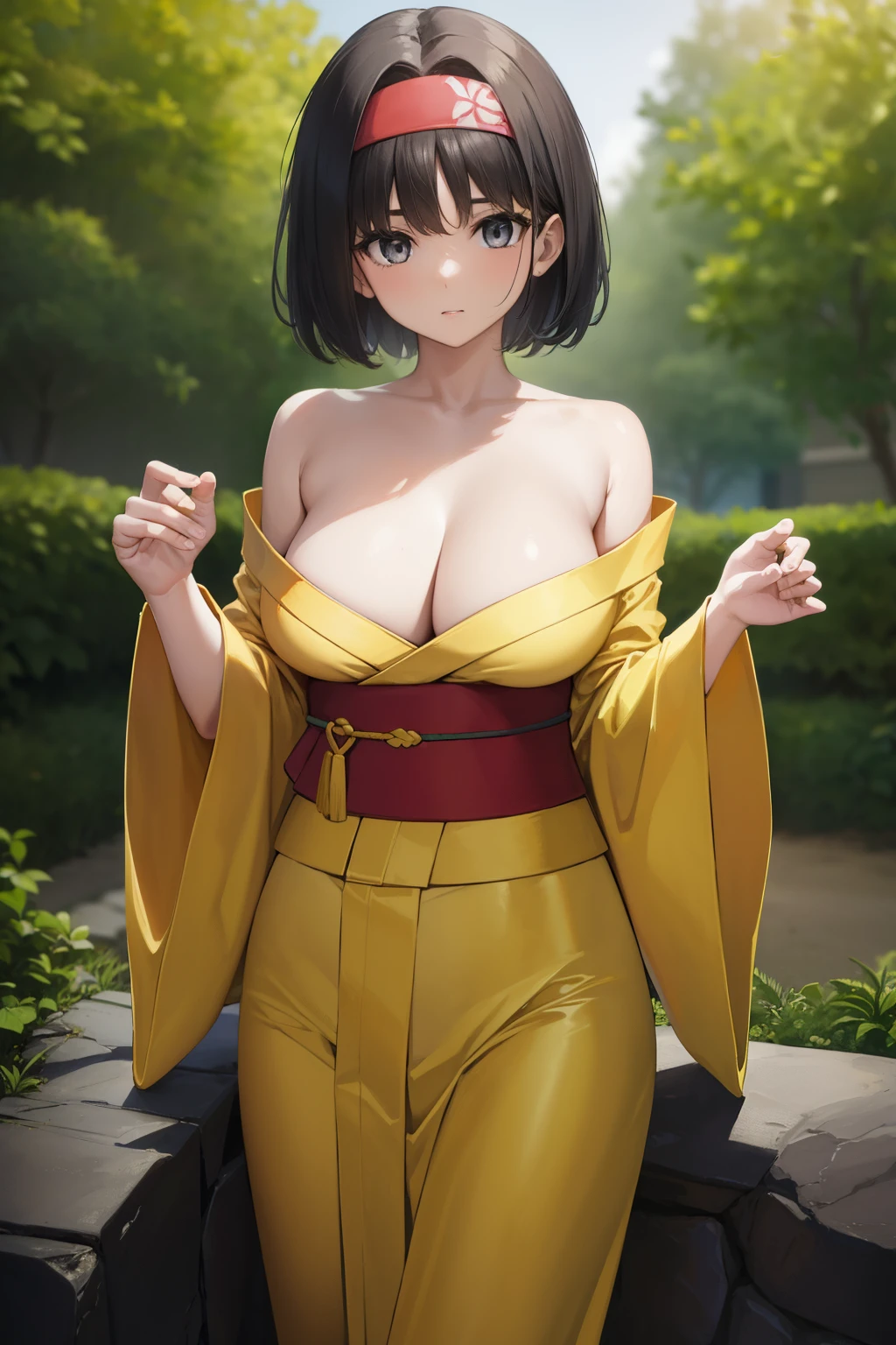 pokemonerika, pokemonerika, (light grey eyes:1.5), black hair, headband, short hair, gigantic breasts
BREAK japanese clothes, off shoulder kimono, bare shoulders, ((yellow kimono)), hakama, red hakama, long sleeves, wide sleeves, topless kimono
BREAK looking at viewer, upper body, full body, (cowboy shot:1.5),
BREAK outdoors, flower field, many flowers, sitting against azelea tree,
BREAK (masterpiece:1.2), best quality, high resolution, unity 8k wallpaper, (illustration:0.8), (beautiful detailed eyes:1.6), extremely detailed face, perfect lighting, extremely detailed CG, (perfect hands, perfect anatomy), detailed background