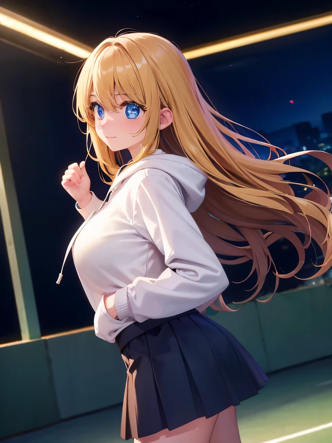 1woman,super beautiful,Warehouse background, night,smile,blush,half body photo,Beautiful eyes, very detailed face,cute,long hoodie,white hoodie, tennis skirt,HD face, perfect face,black mini skirt,black mini skirt,Very big breasts,Blonde hair,long hair,wavy hair,bangs,blue eyes,ultra detail,ultra Hd, masterpiece,4k