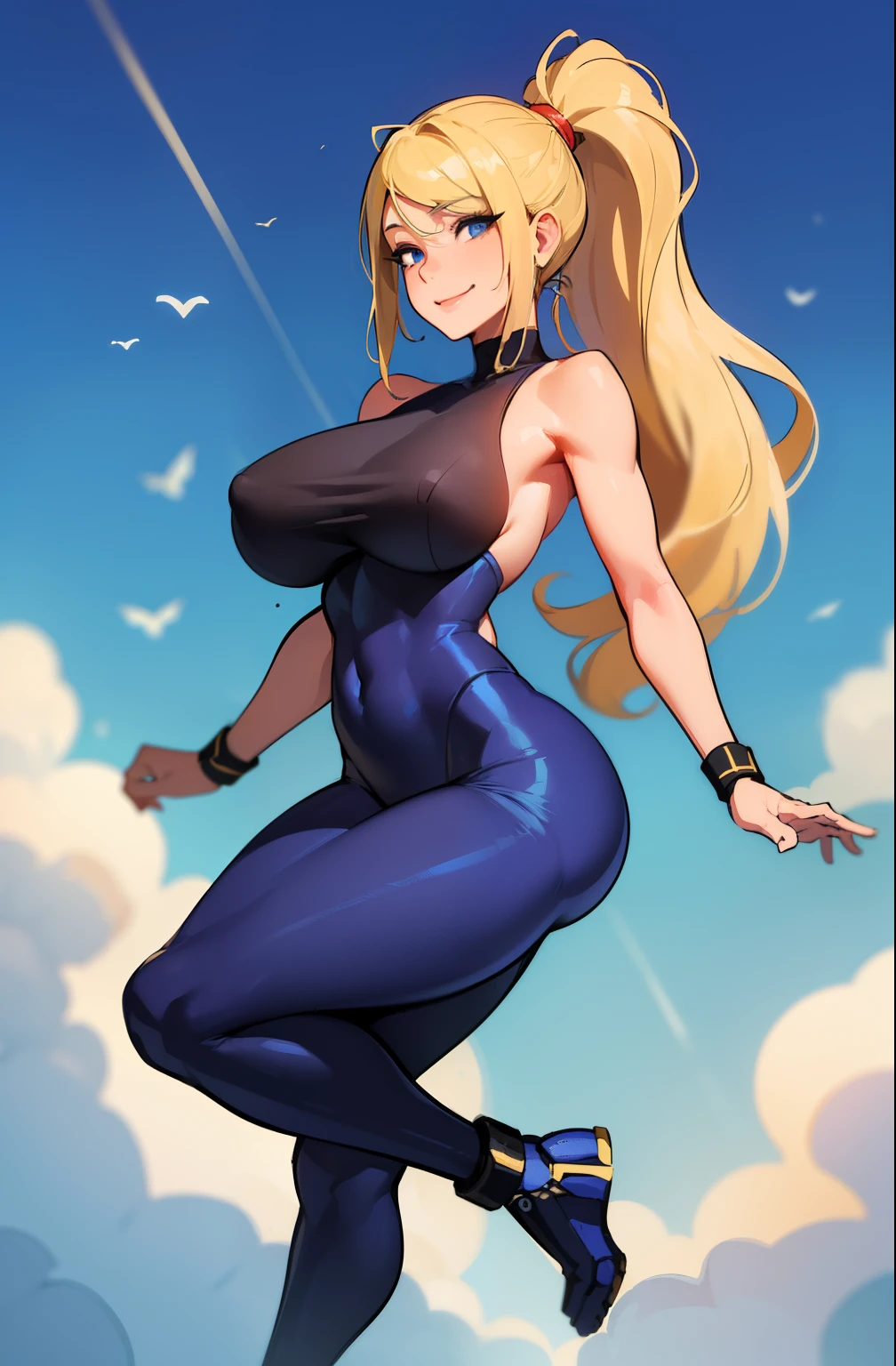 ((masterpiece)),(best quality),(detailed), 1girl, solo, (mature woman), long hair, ponytail, blond hair, wavy hair, blue eyes, smile, huge breasts, navel, ((topless:1.3)), ((yogapants)), samus, low rise pants