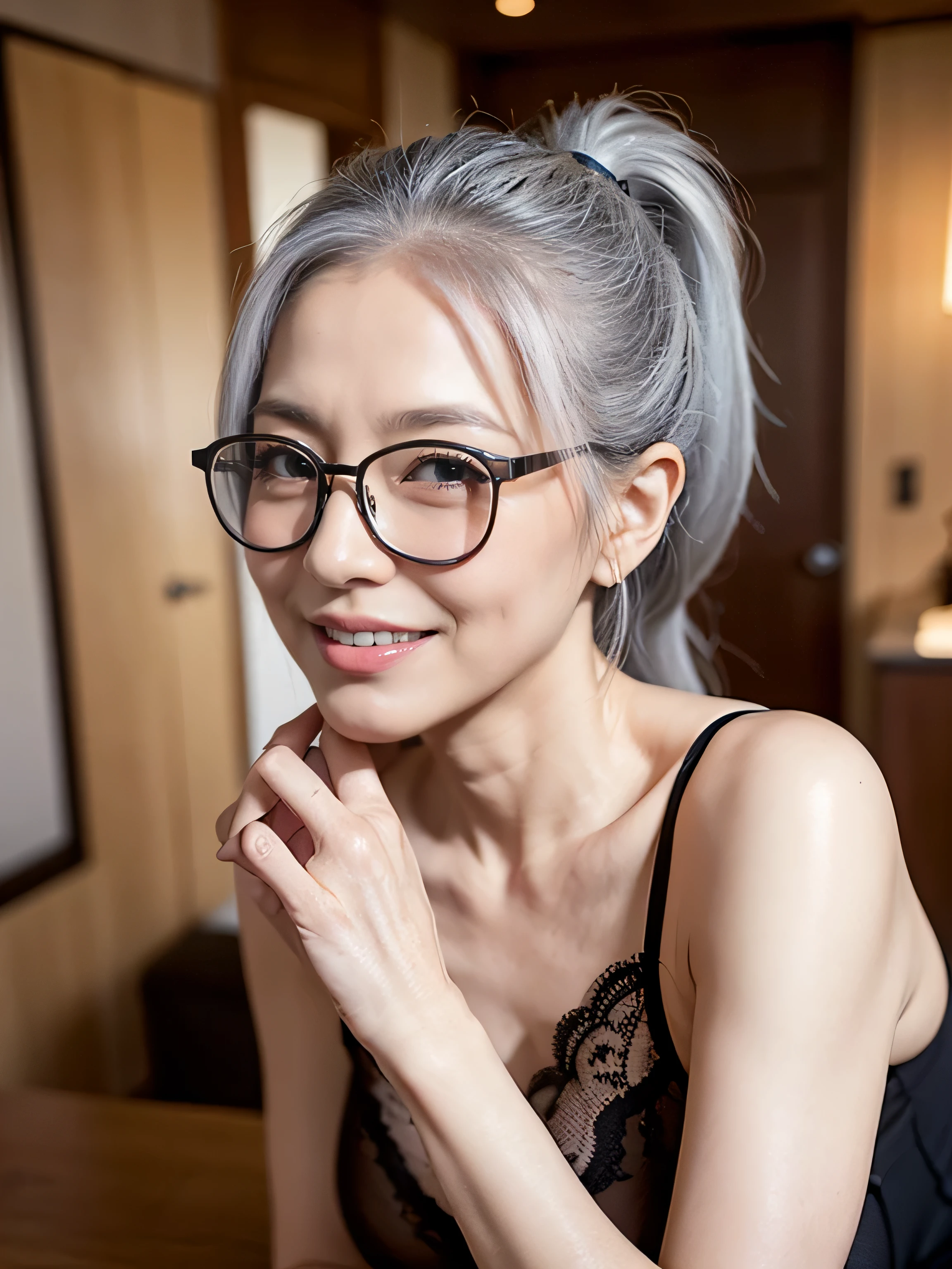 (65 years old:1.3),gray hair,(there are many wrinkles on her face:1.23),old woman,smile,sexy posing,beautiful hip, ponytail hair, Wearing glasses,nude