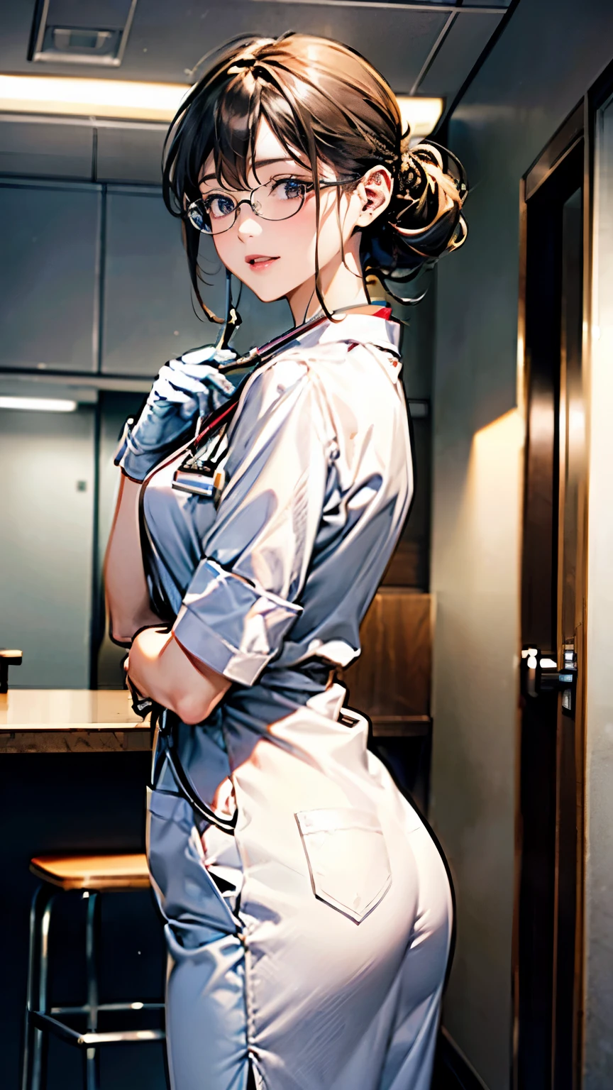 highest quality, masterpiece, 8K, photorealist, ultra high resolution, very delicate and beautiful, HDR, cinematic lighting, medium shot, portrait, perfect female body, Beautiful woman, mature woman, contrasting, put your hand on your head, looking at the viewer, (female doctor:1.6、white clothes、Stethoscope、Glasses、A clean, tied-up hairstyle)、Medical Gloves、name tag、Scrub Suits、Examination room、medical equipment、((standing doggy:1.6, hug from behind)),