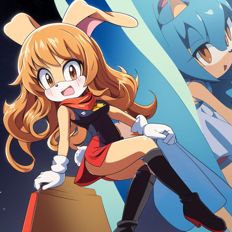 Female, Mobian, Rabbit, Cream the Rabbit, sonic the hedgehog \(series\), rabbit girl, ((solo)), ((1girl)), ((hairstyles, long wavy hair with curtain side bangs, similar to Maria)), brown eyes, (eyes open), crying, young adult, average sized breasts, hair on top of shoulders, long peach hair color that’s is wavy, wearing a blue anime styled scarf, wearing a red one piece, knee length tights, black boots, white gloves, (((2D Anime Style))), many poses in a fighting pose, side view 