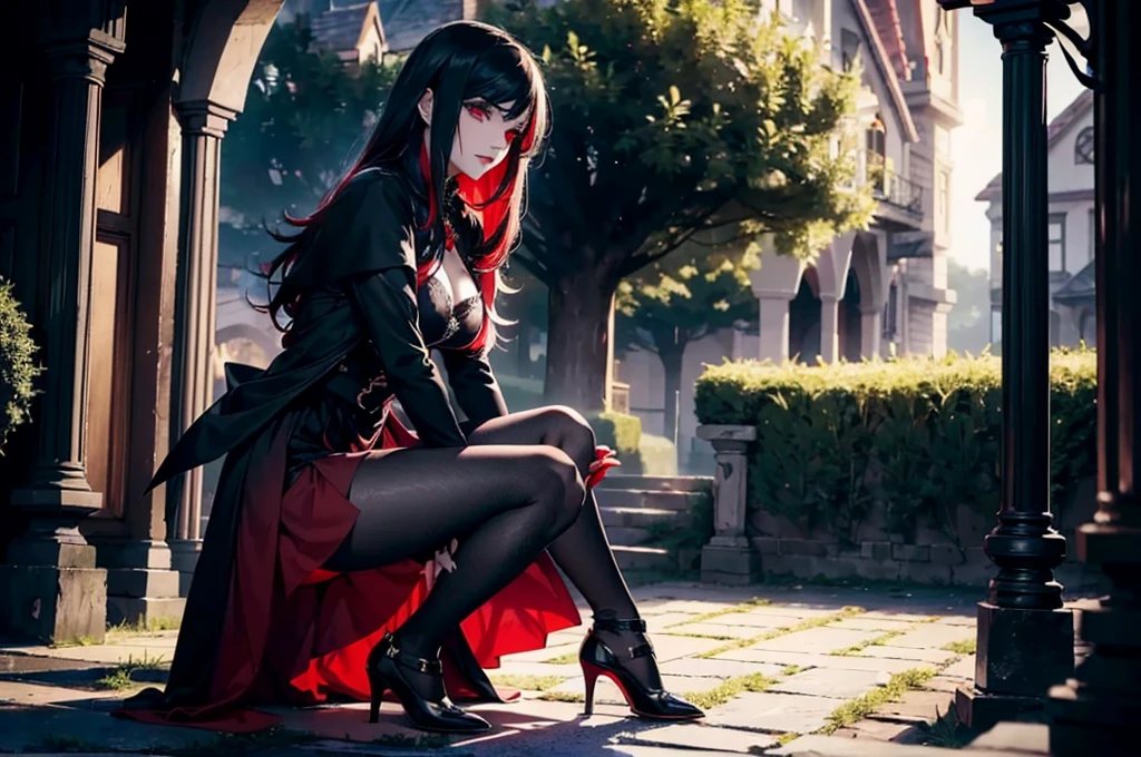 (Dhampir)((masterpiece, best_quality)), fantasy, 1girl, (photorealistic:1.4), solo, skirt, ((full_body)),(pale skin,sexy vampire,((black/red ombre hair))),(sexy witch outfit),1girl,illustration,ultra-detailed,(best quality,4k,8k,highres,masterpiece:1.2),intense gaze,sharp fangs,elegant pose,piercing eyes,moonlit garden,sinister atmosphere,vibrant colors,dramatic lighting